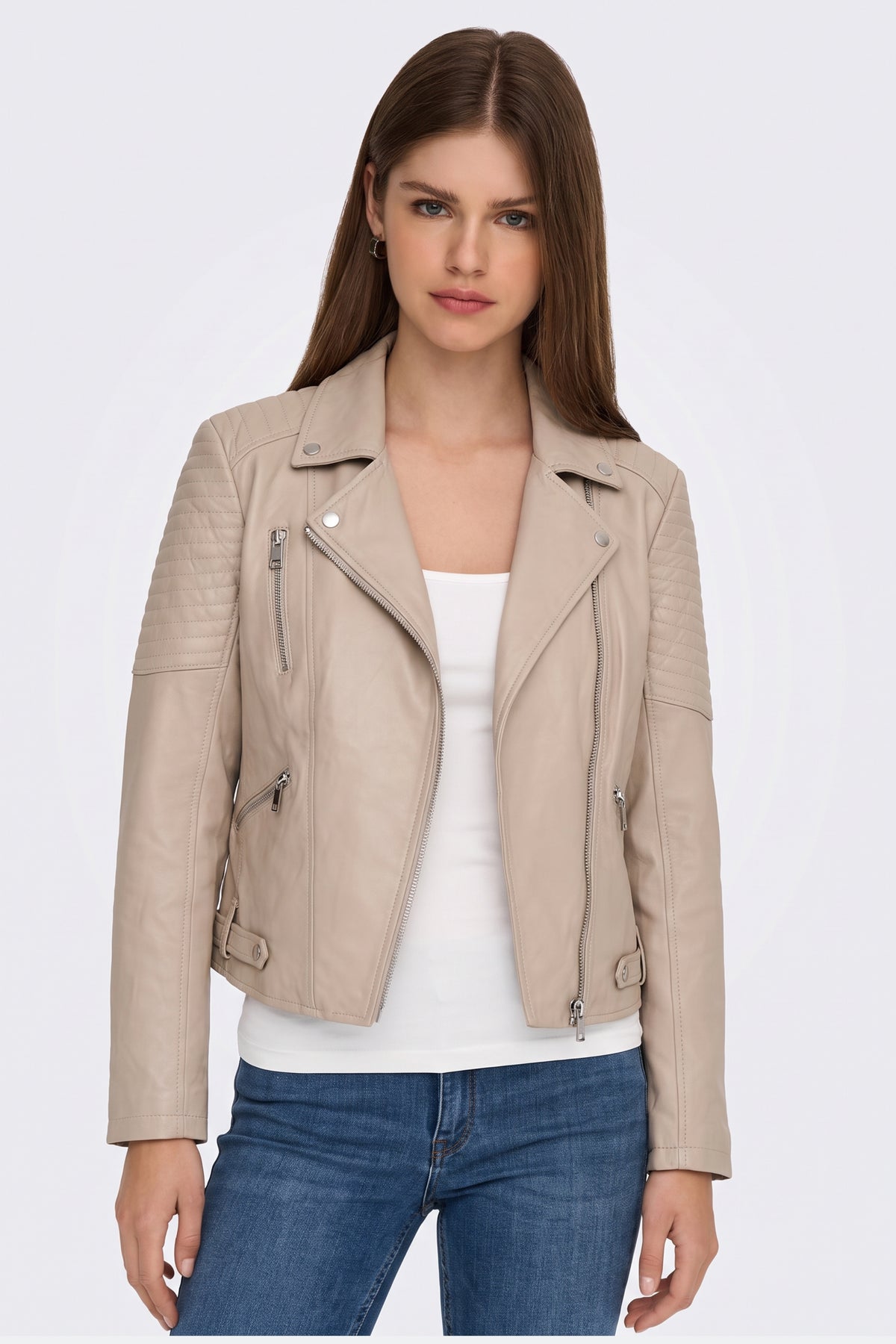 Faux Leather Jacket Beige Fitted Biker worn on model