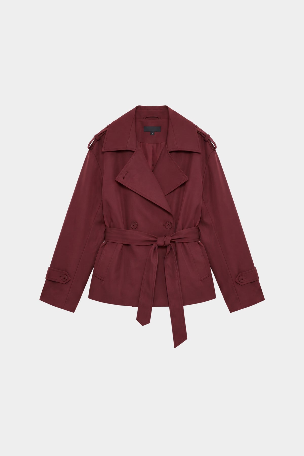 Burgundy wrap trench jacket women, front
