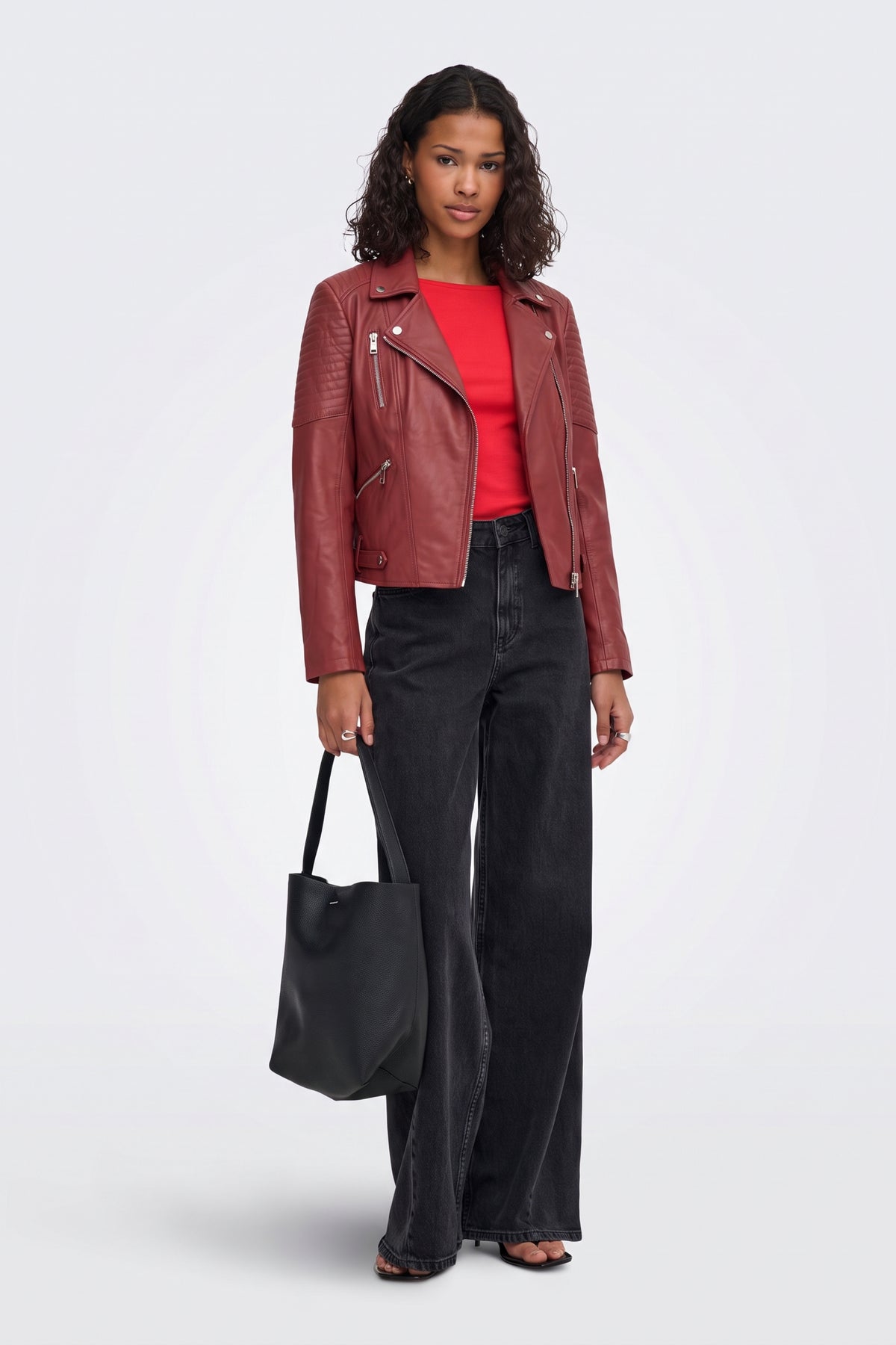 Faux Leather Jacket Red Fitted Biker full length on model