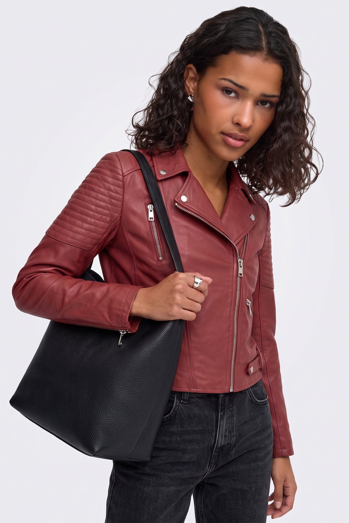 Faux Leather Jacket Red Fitted Biker worn on model