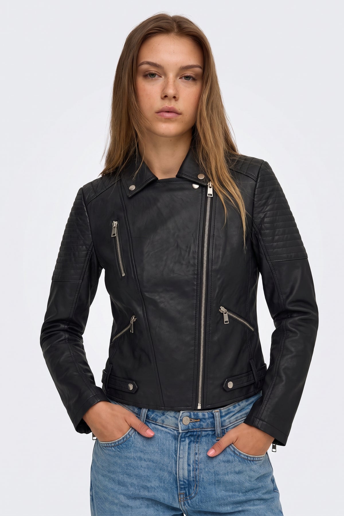 Faux Leather Jacket Black Fitted Biker worn on model