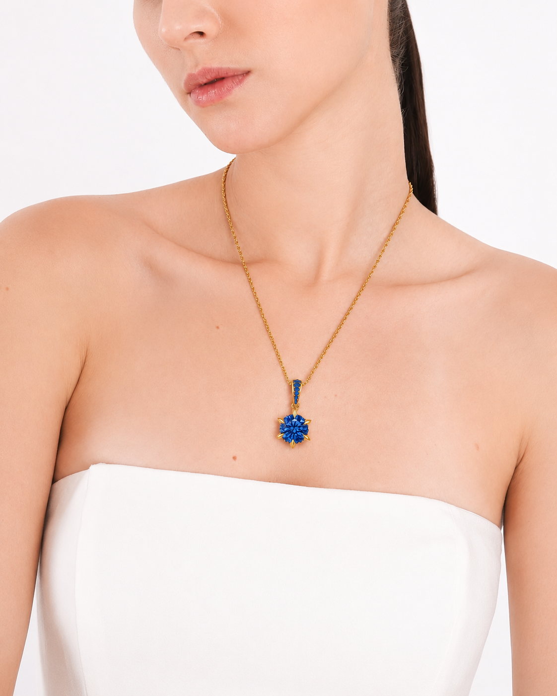 Gold Blue Crystal Pendant Necklace