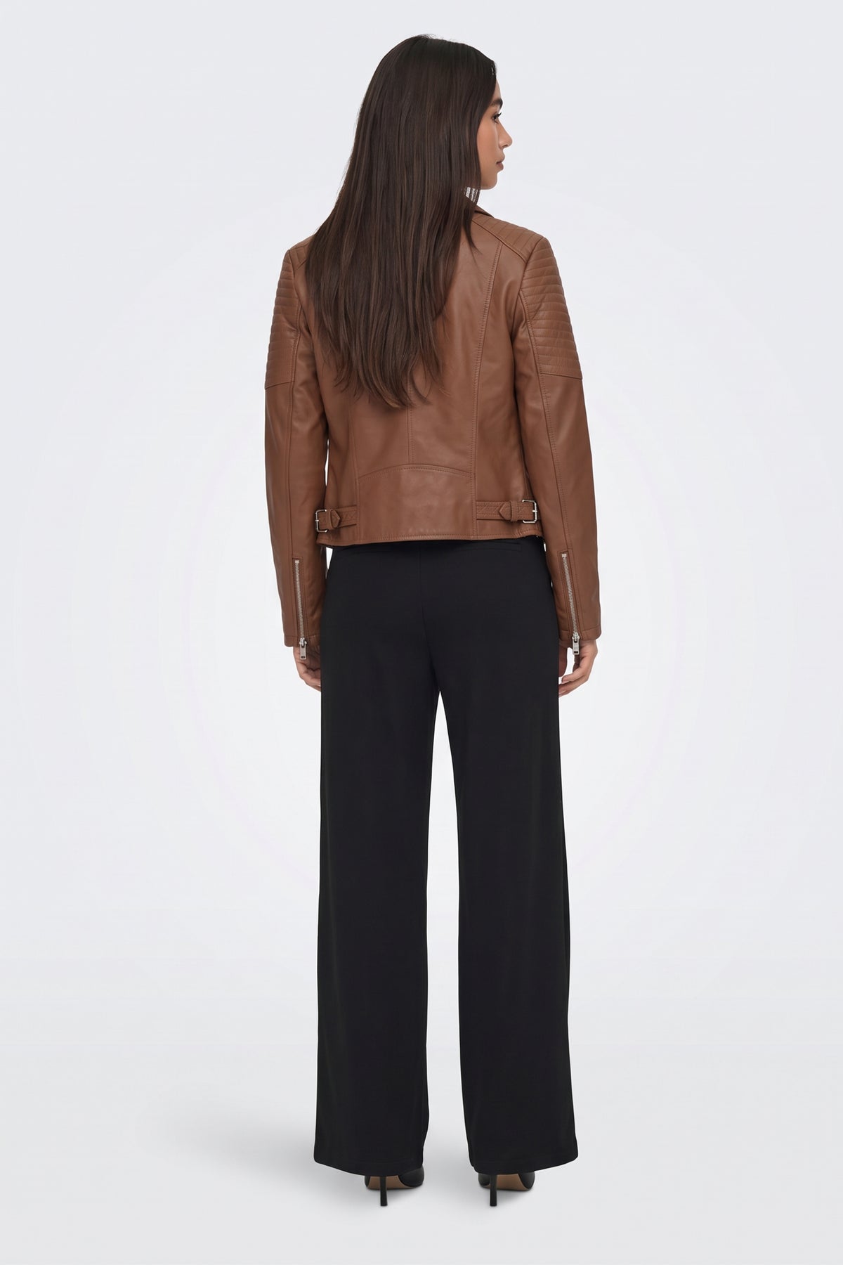 Faux Leather Jacket Tan Fitted Biker, back