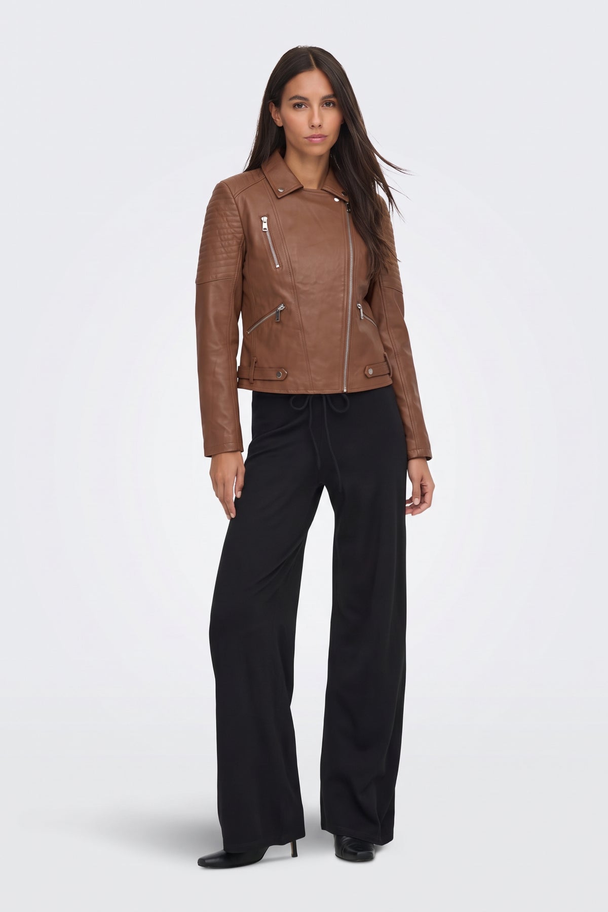 Faux Leather Jacket Tan Fitted Biker full length on model
