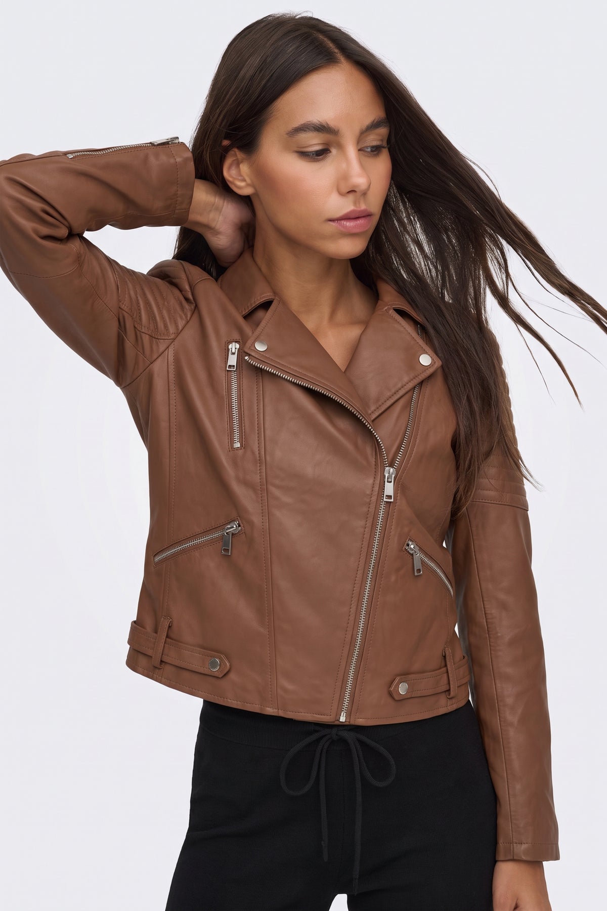 Faux Leather Jacket Tan Fitted Biker worn on model