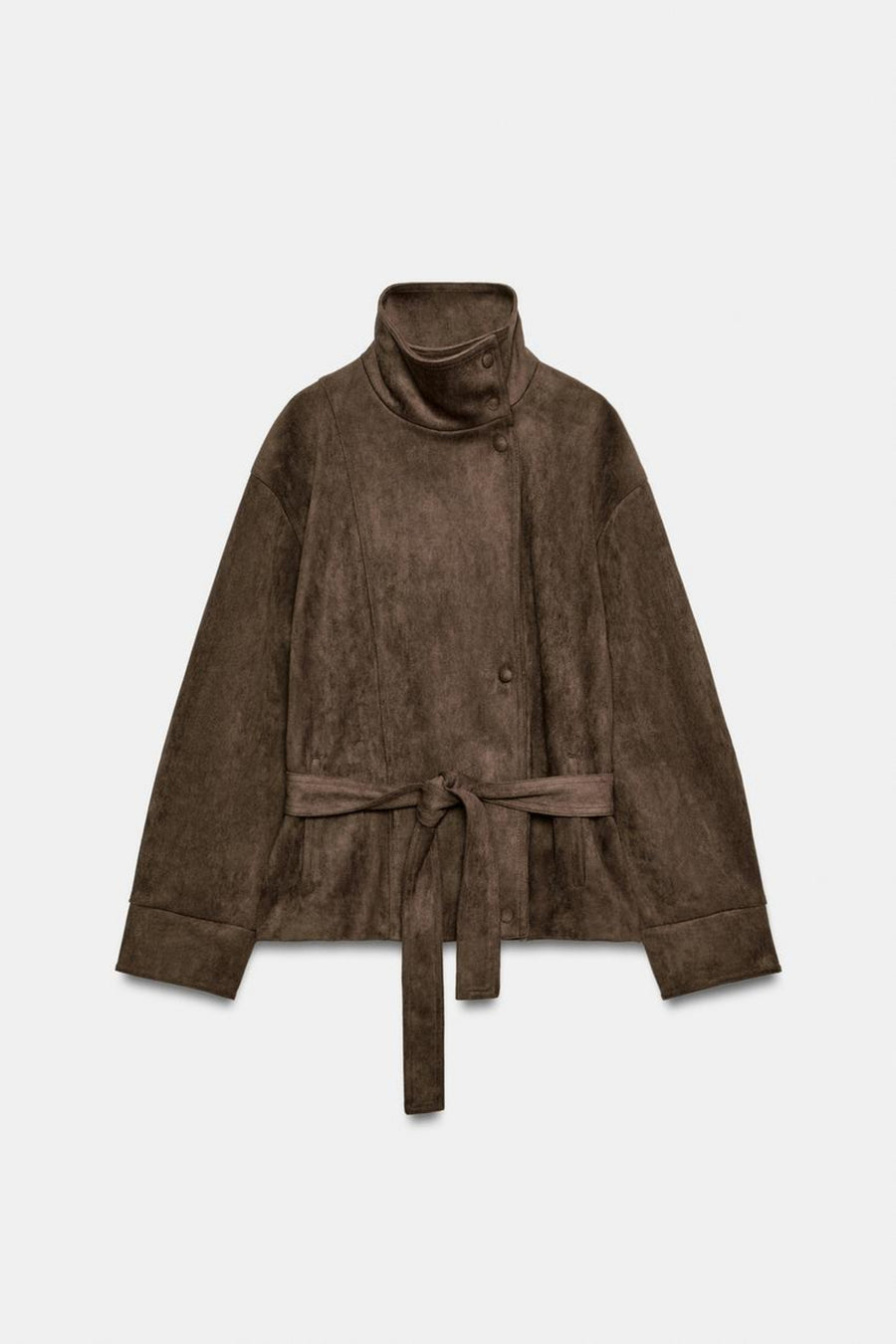 Faux Suede Jacket Brown Belted Funnel Neck, front