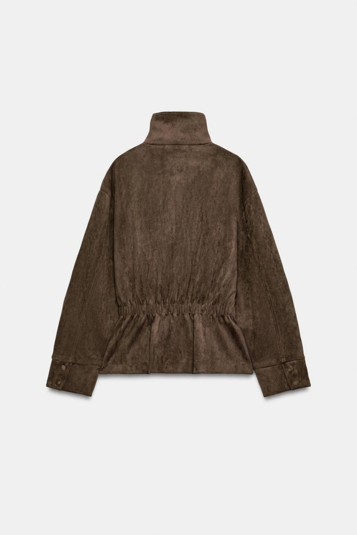 Faux Suede Jacket Brown Belted Funnel Neck, back