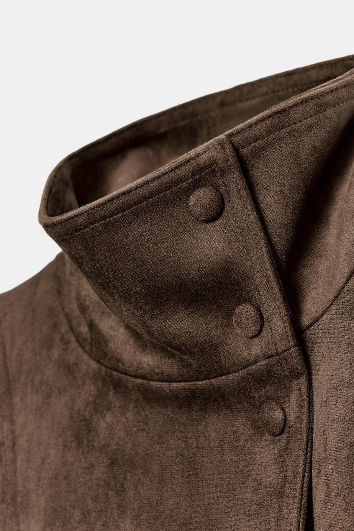 Faux Suede Jacket Brown Belted Funnel Neck fabric and fastening detail