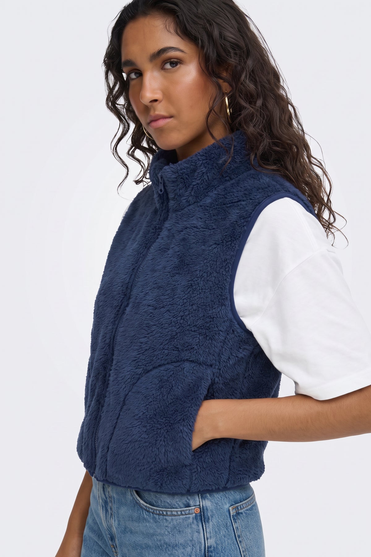 Faux Fur Gilet Navy Fluffy Women