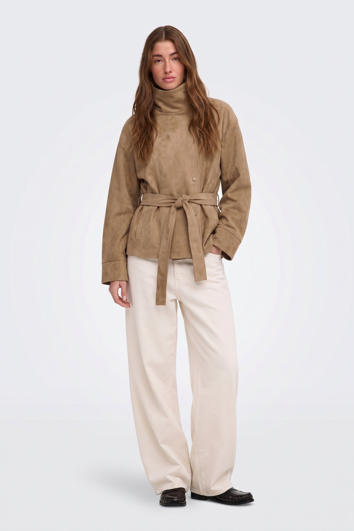 Faux Suede Jacket Camel Belted Funnel Neck back view on model