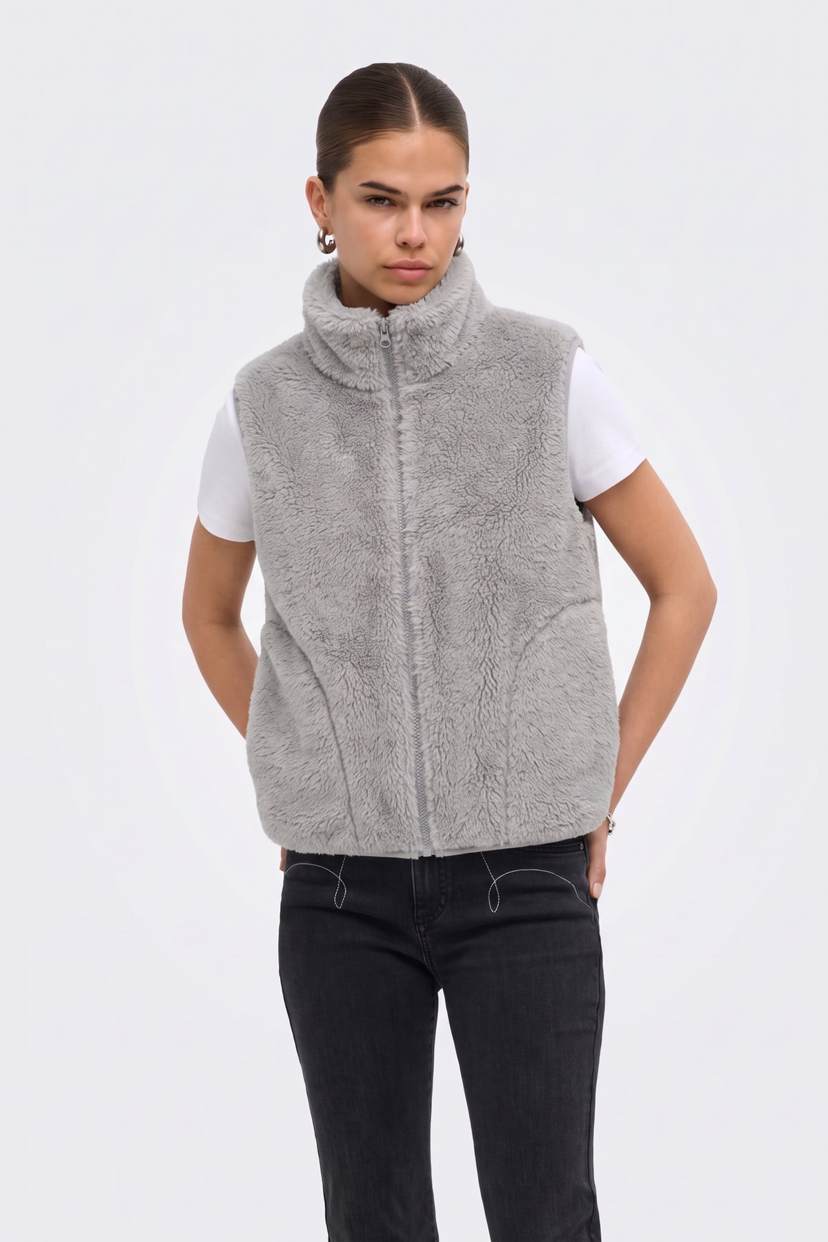 Faux Fur Gilet Grey Fluffy Women