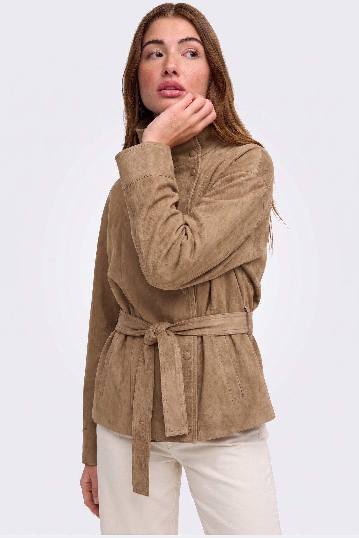 Faux Suede Jacket Camel Belted Funnel Neck full length on model