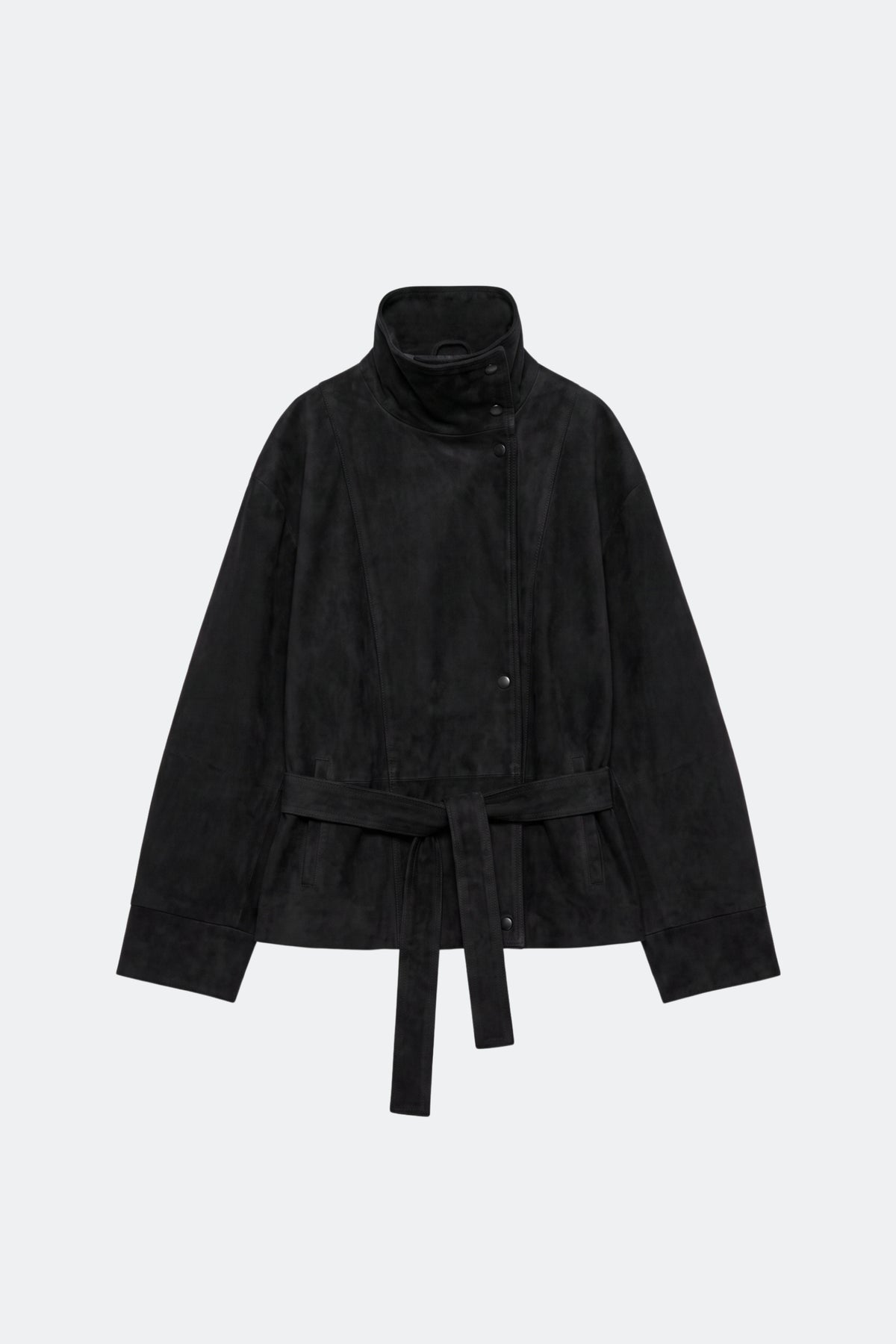 Faux Suede Jacket Black Belted Funnel Neck, front