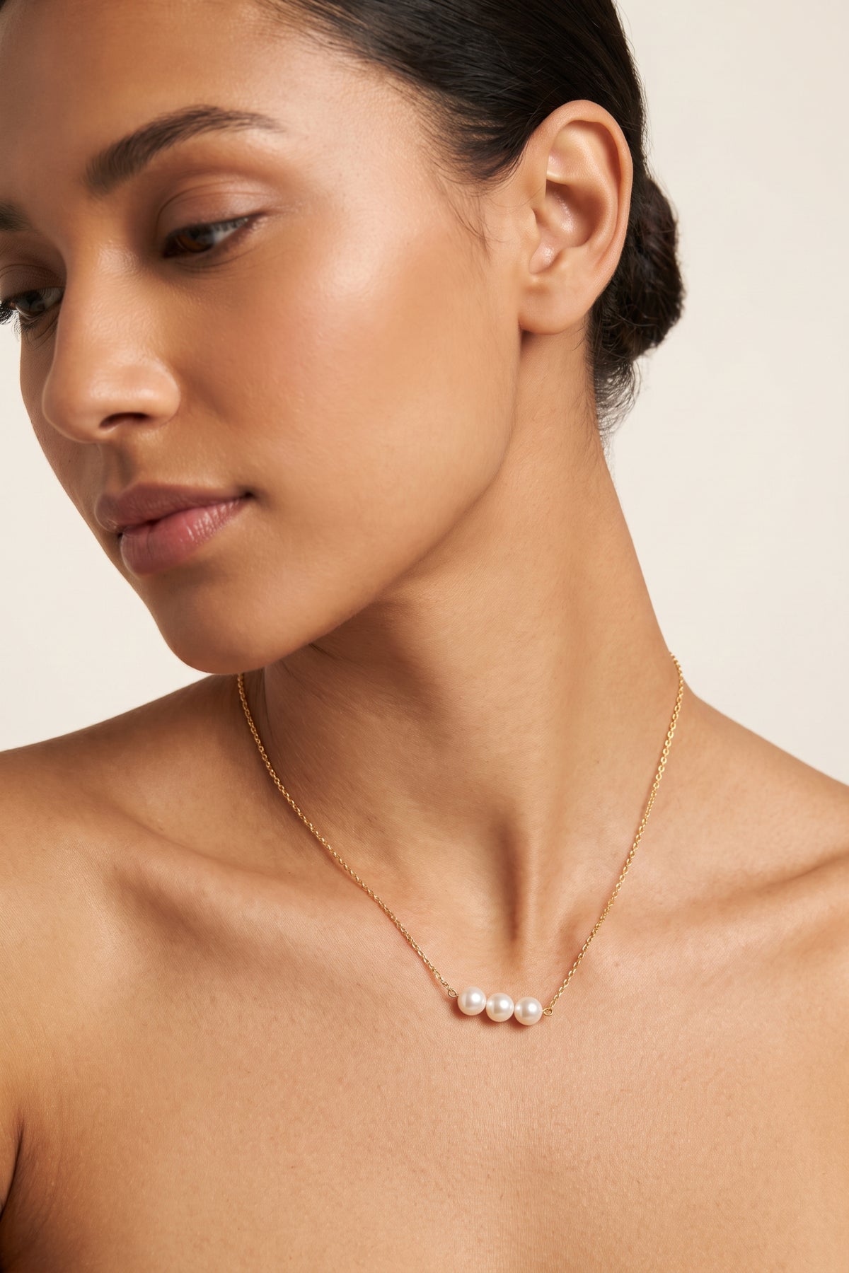 Gold Plated Necklace Triple Pearl Bar