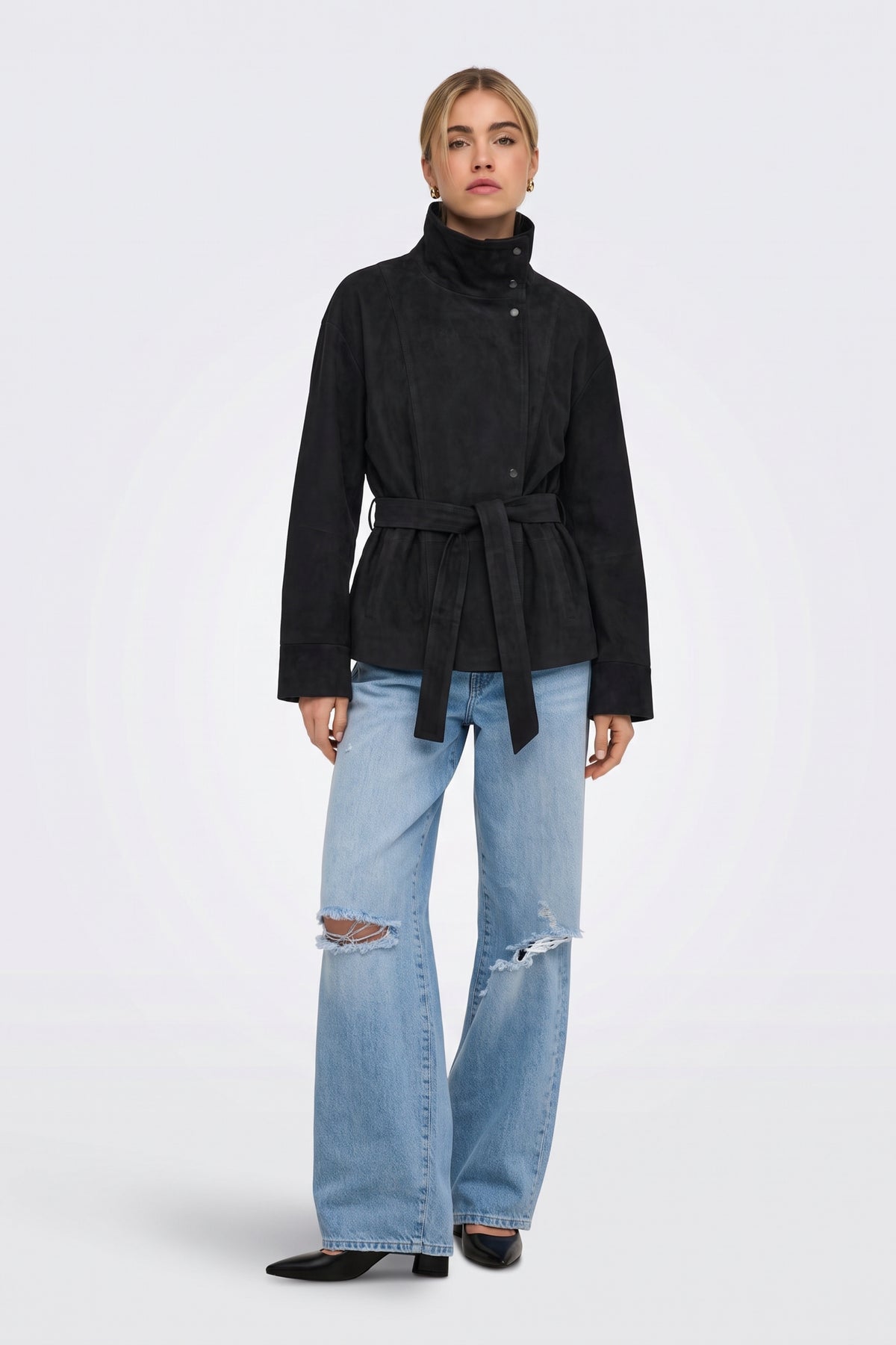 Faux Suede Jacket Black Belted Funnel Neck full length on model