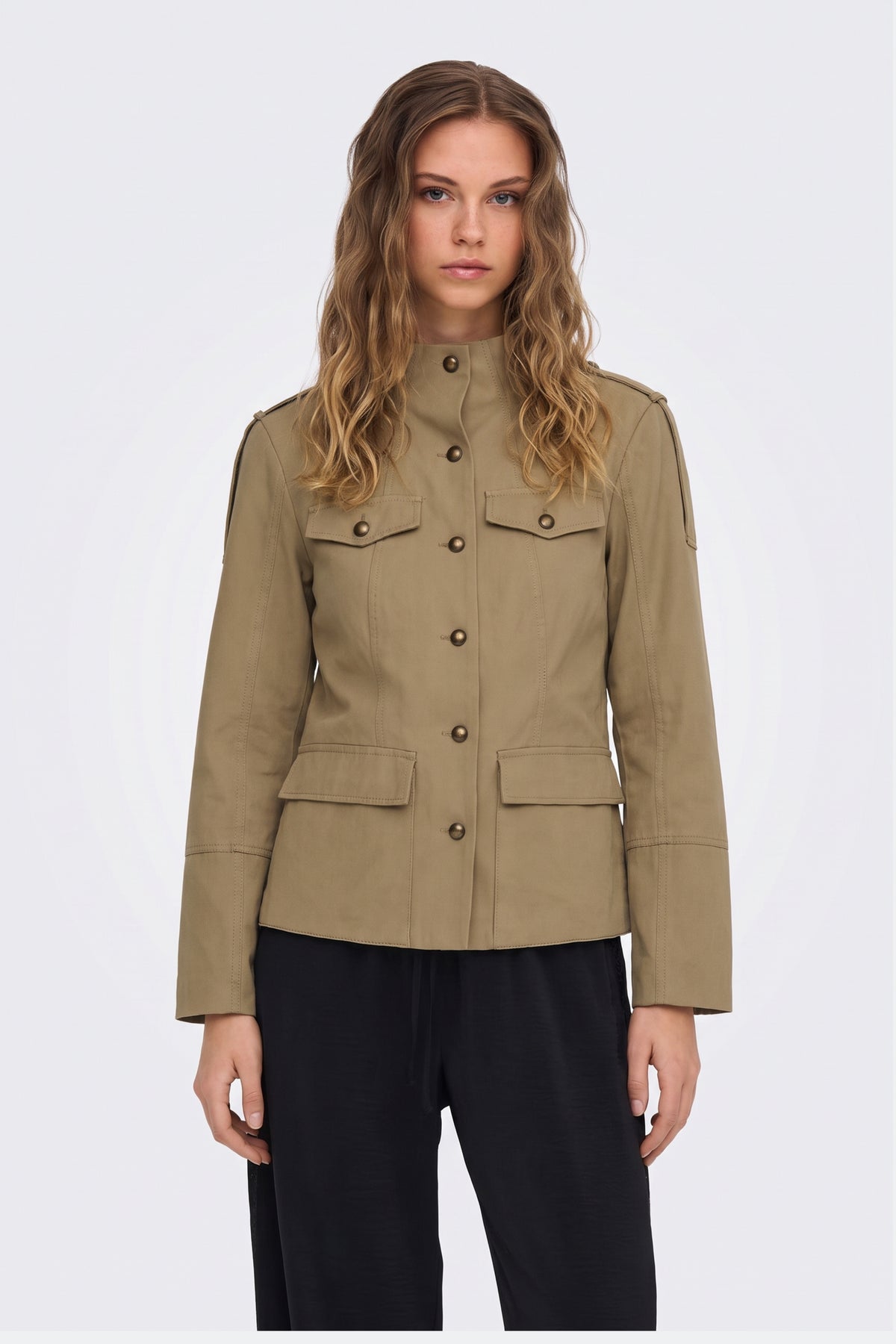 Khaki Jacket Safari Utility Buttoned on model, front view
