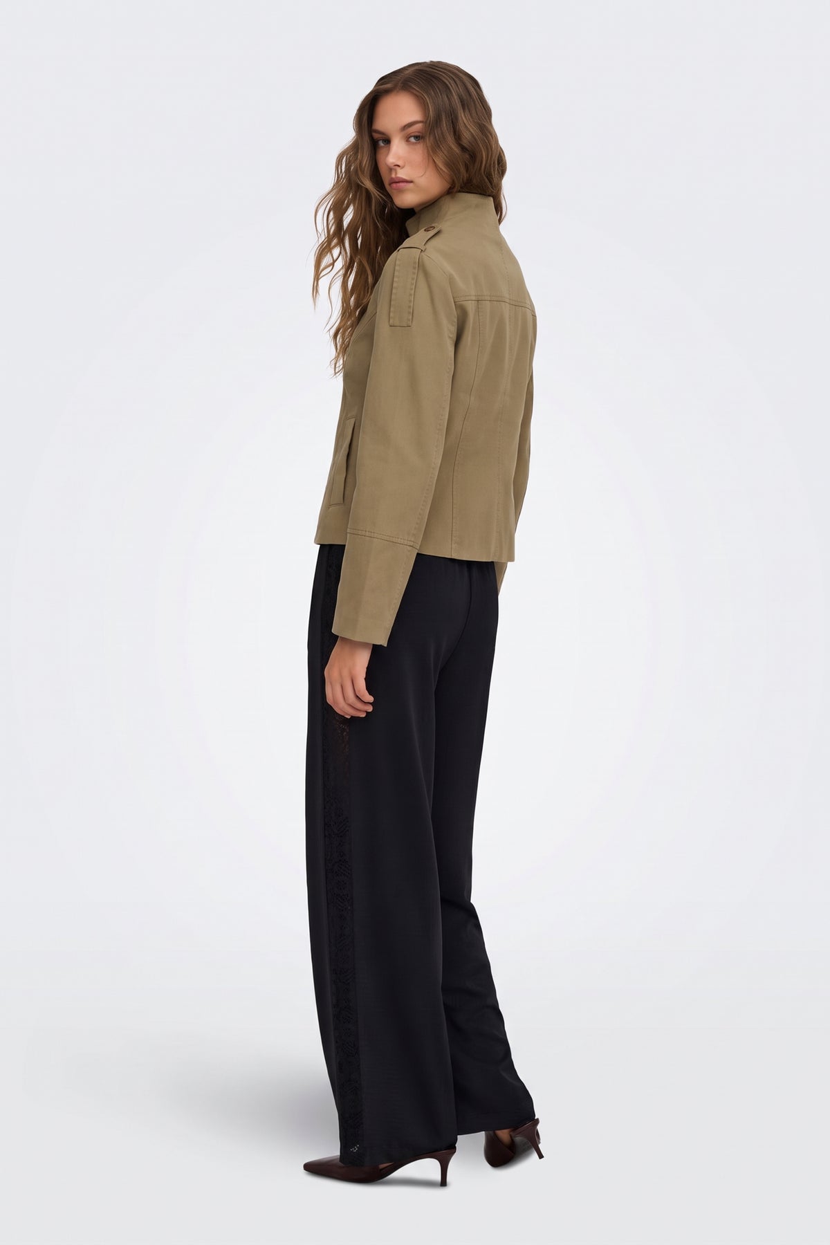 Khaki Jacket Safari Utility Buttoned side view on model