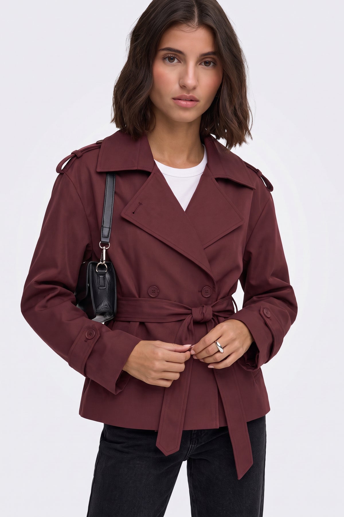 Burgundy wrap trench jacket tied at the waist