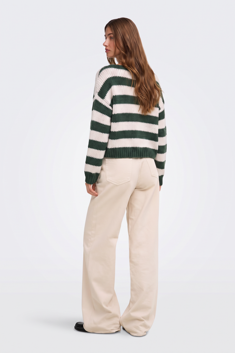 Green striped cropped jumper back view on model