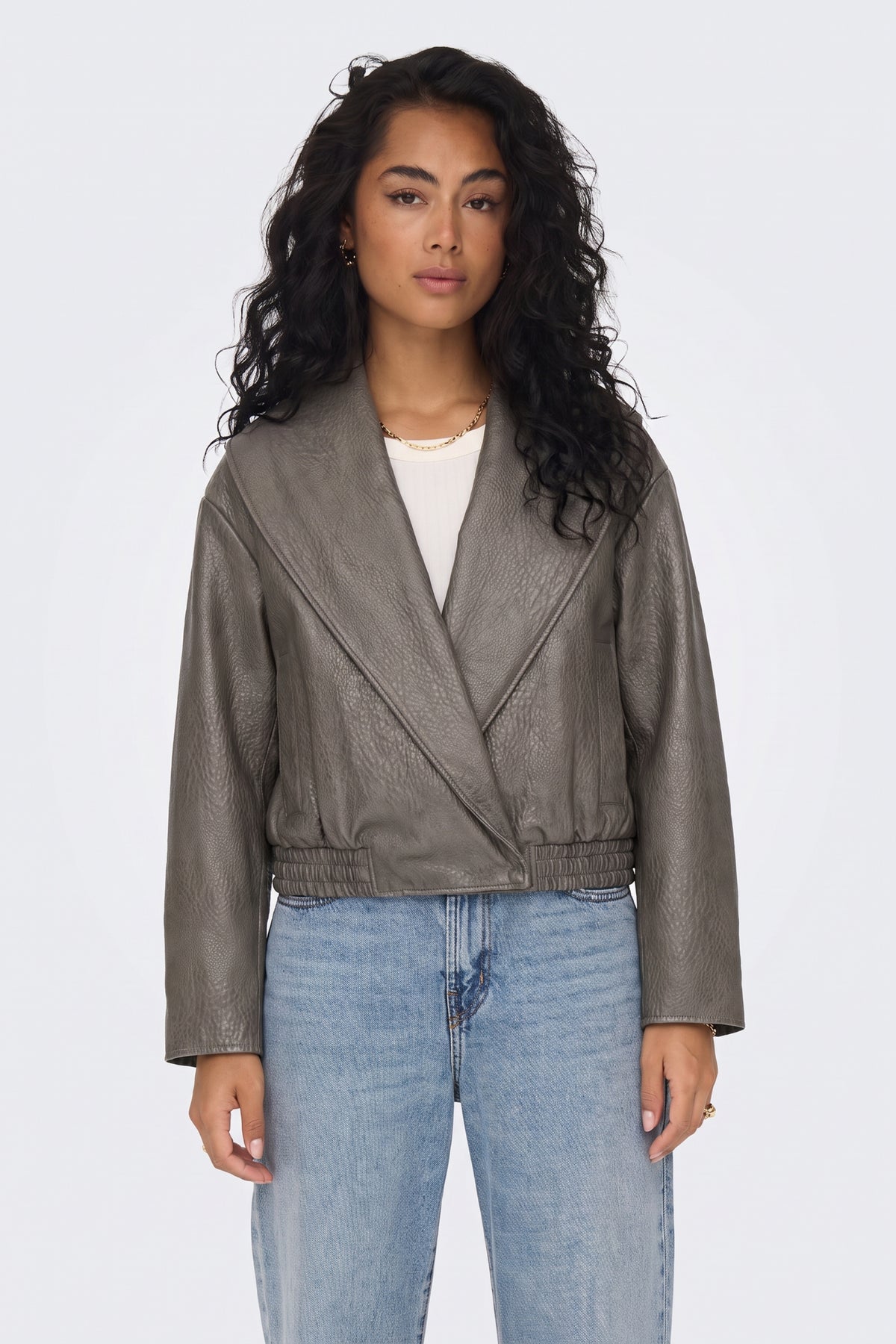 Faux Leather Jacket Grey Wrap Cropped on model, front view