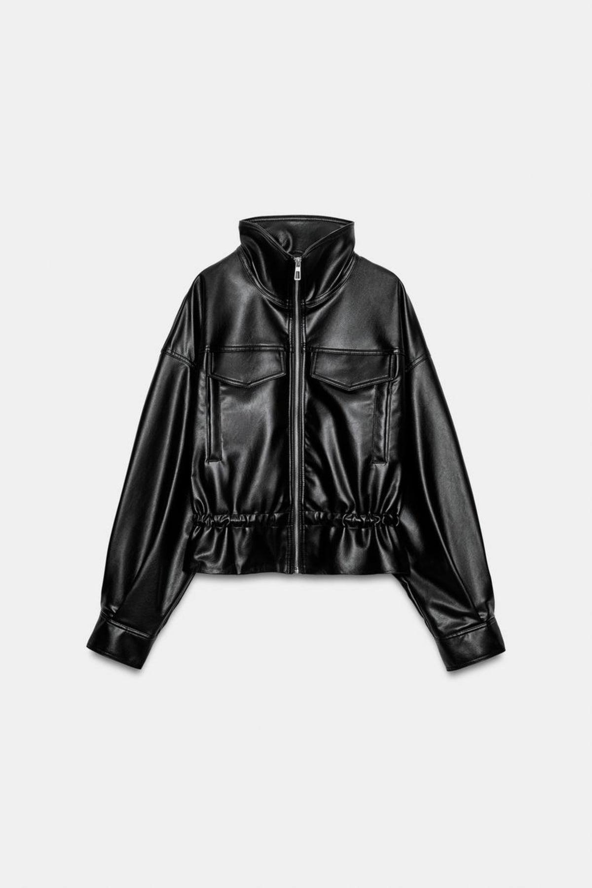 Faux Leather Jacket Black Bomber Funnel Neck, front