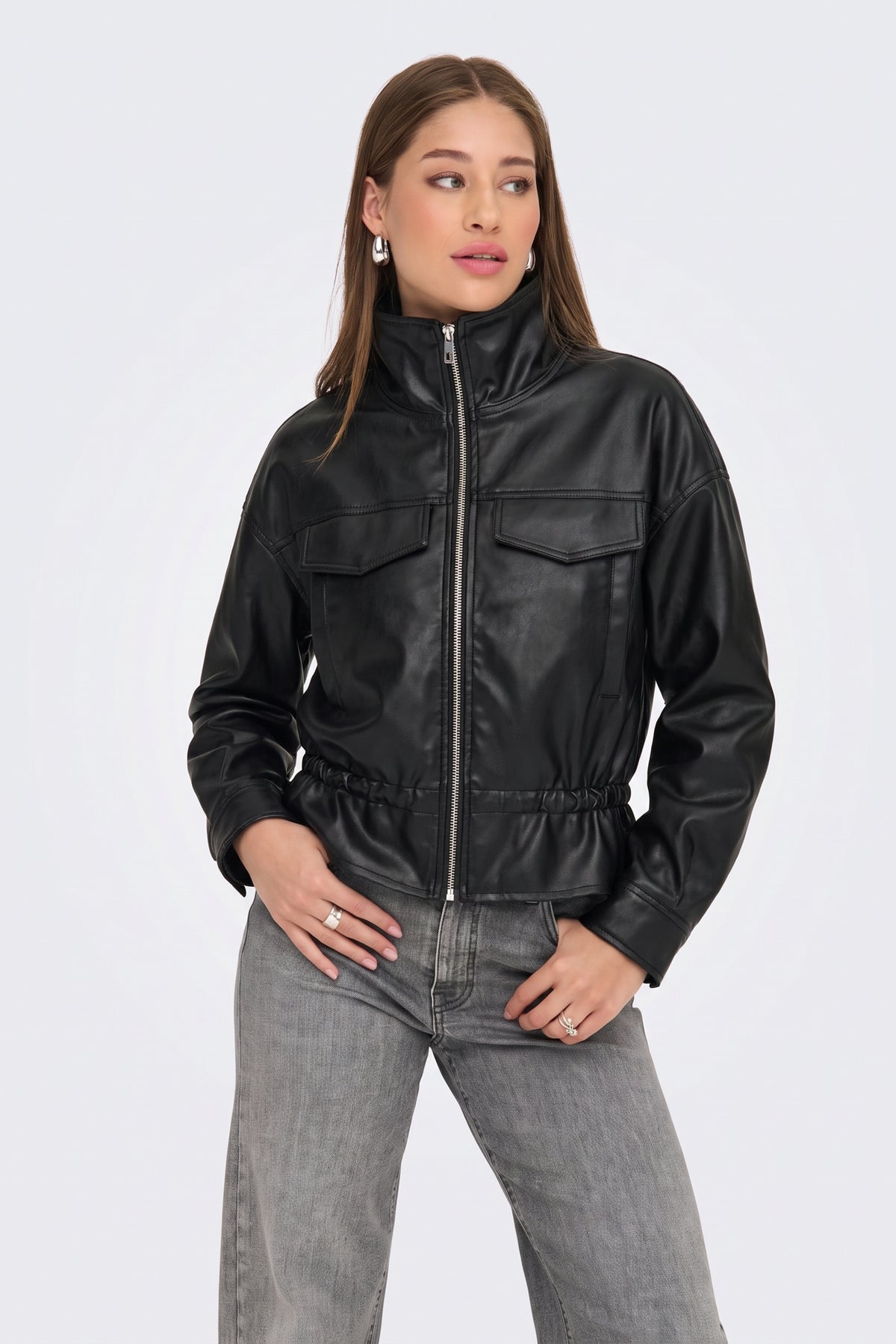 Faux Leather Jacket Black Bomber Funnel Neck on model, front view