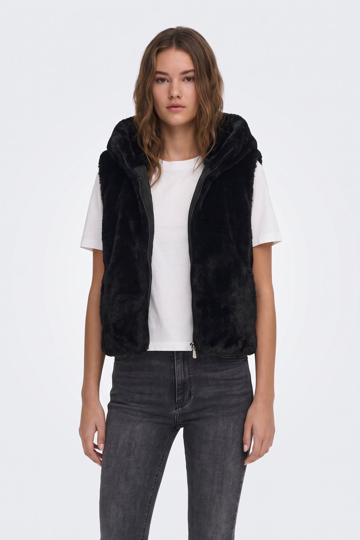 Faux Fur Gilet Black Hooded Women
