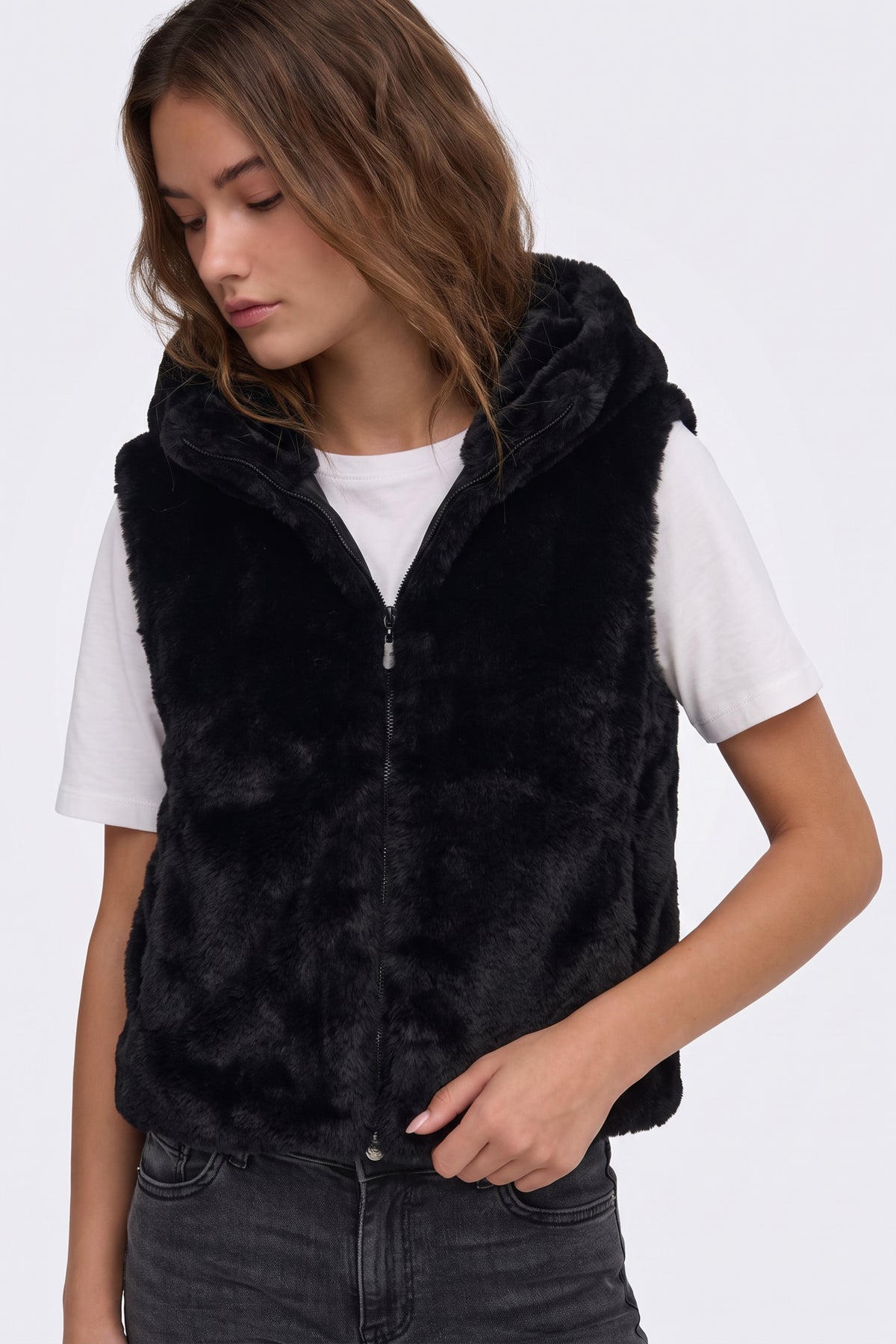 Faux Fur Gilet Black Hooded Women