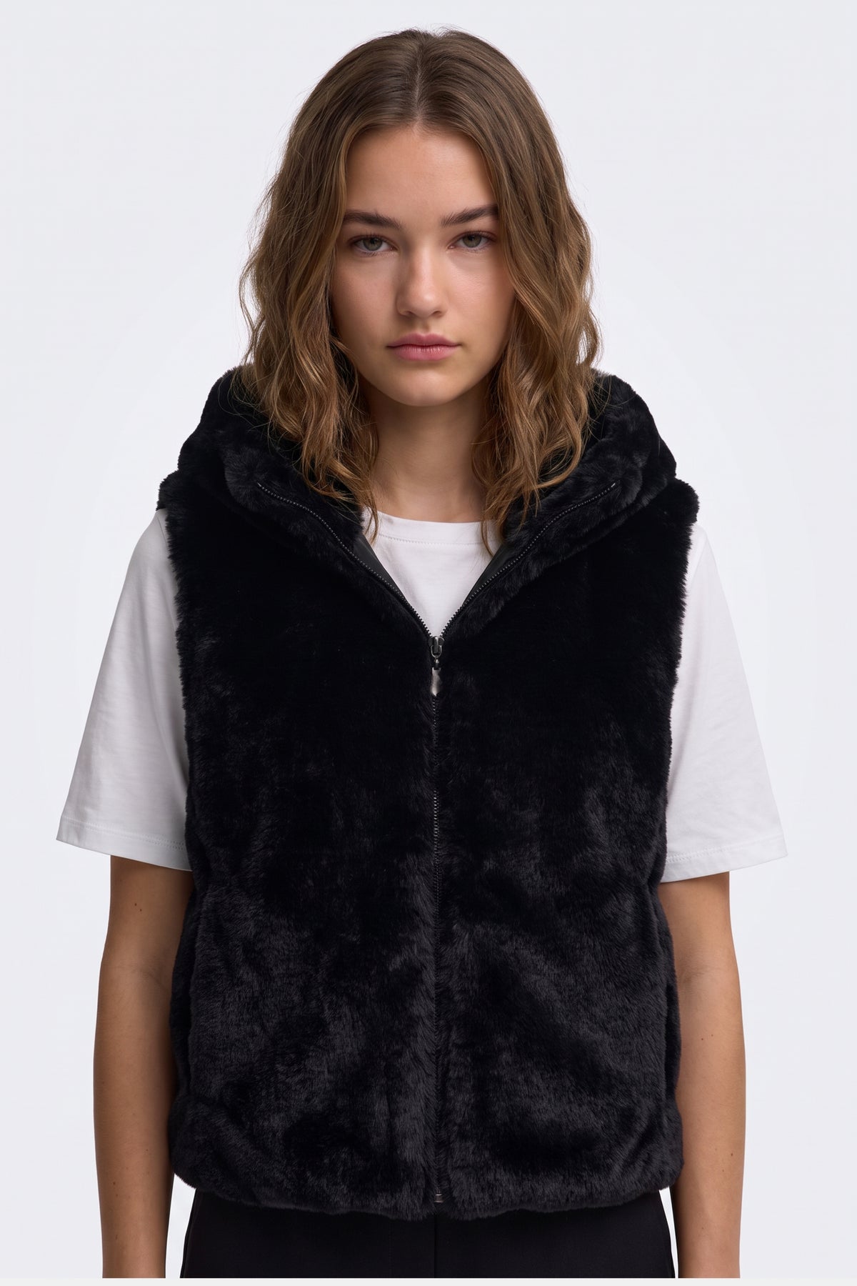 Faux Fur Gilet Black Hooded Women
