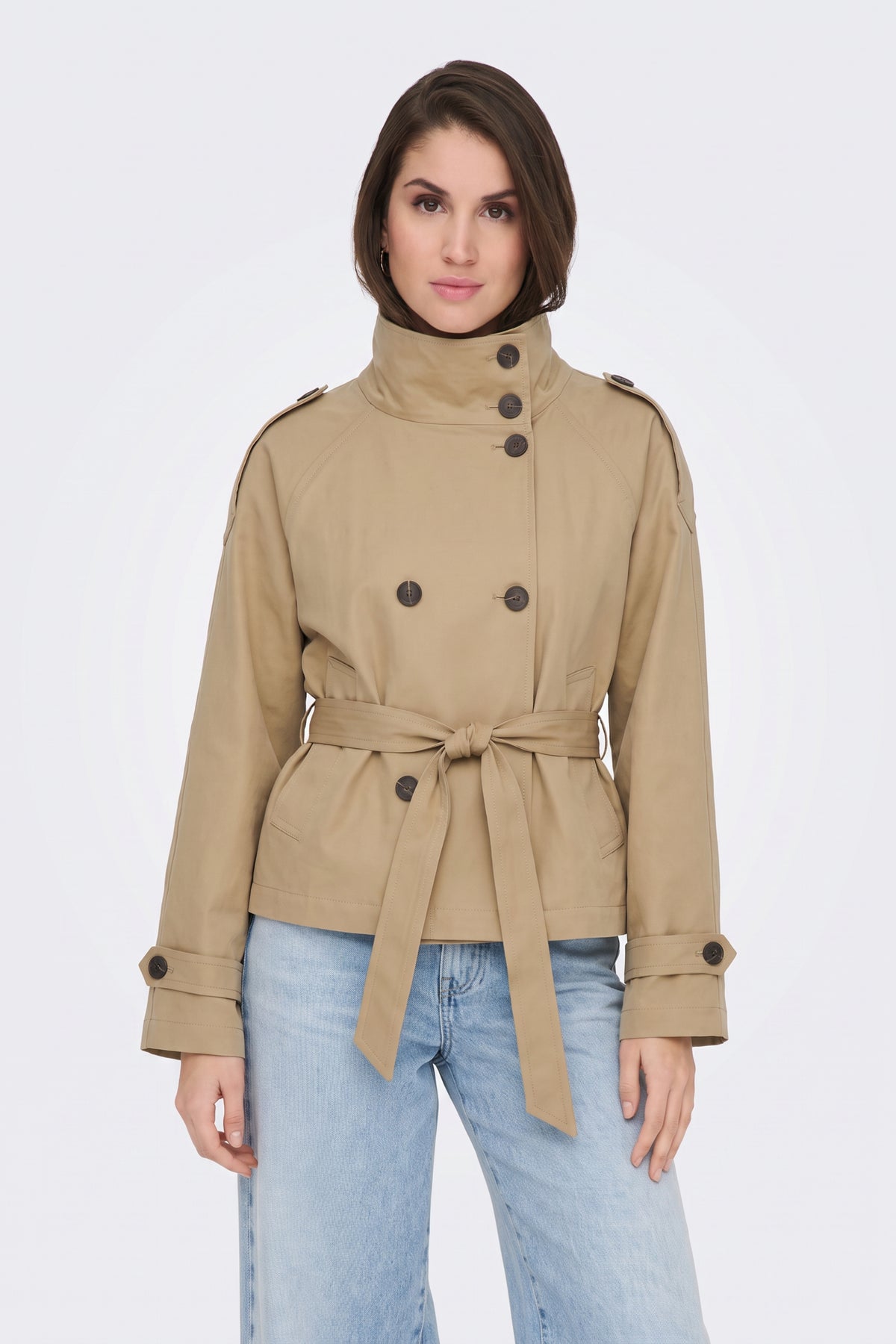 Khaki Trench Jacket Short Belted Women