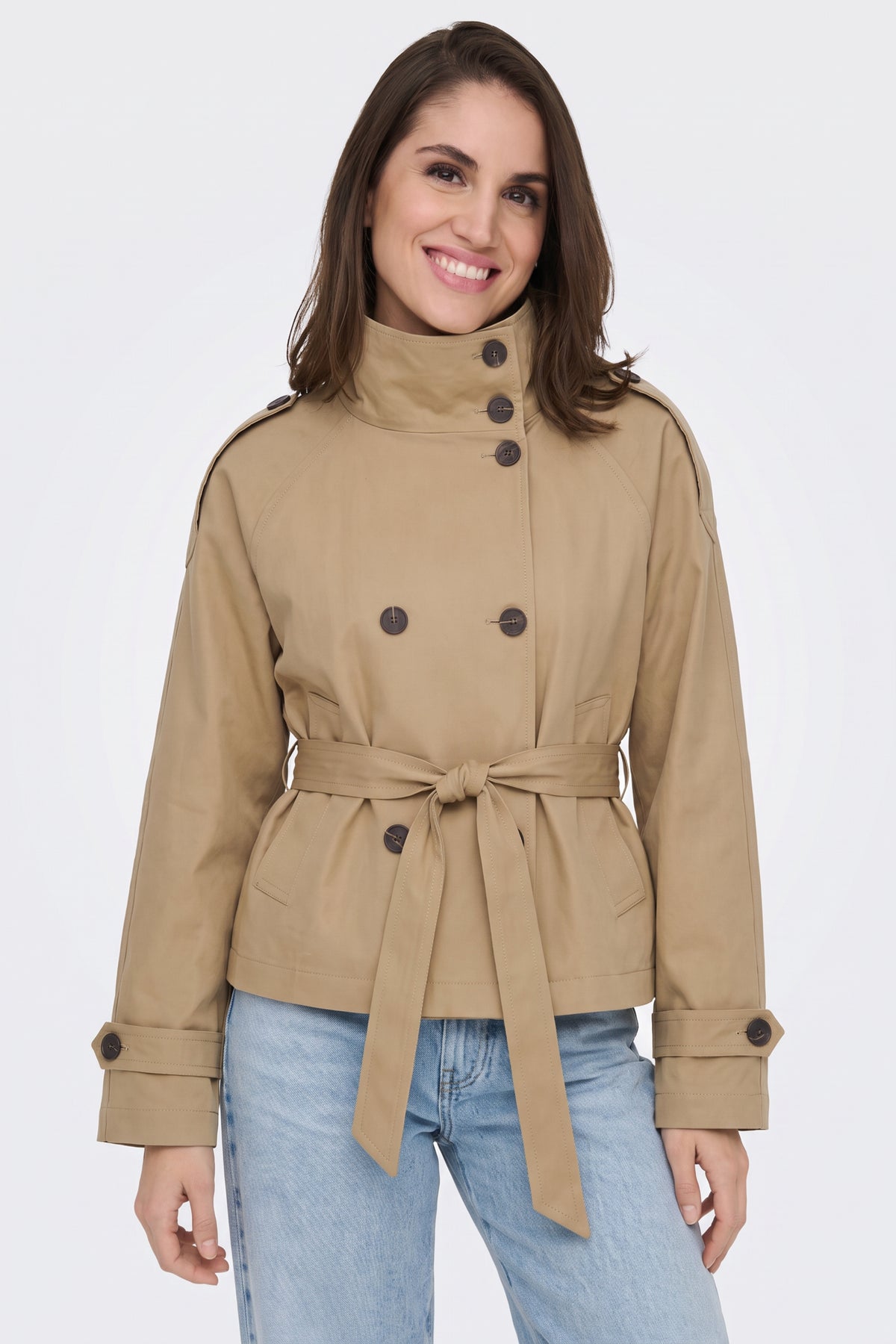Khaki Trench Jacket Short Belted Women
