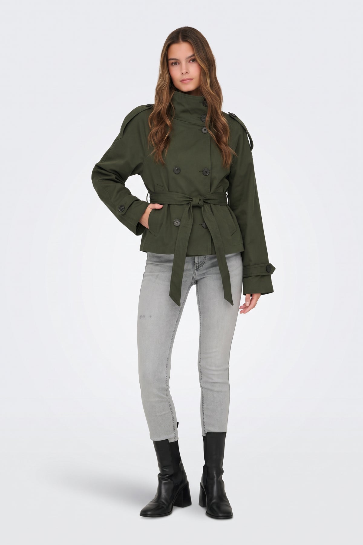 Green Trench Jacket Short Belted Women
