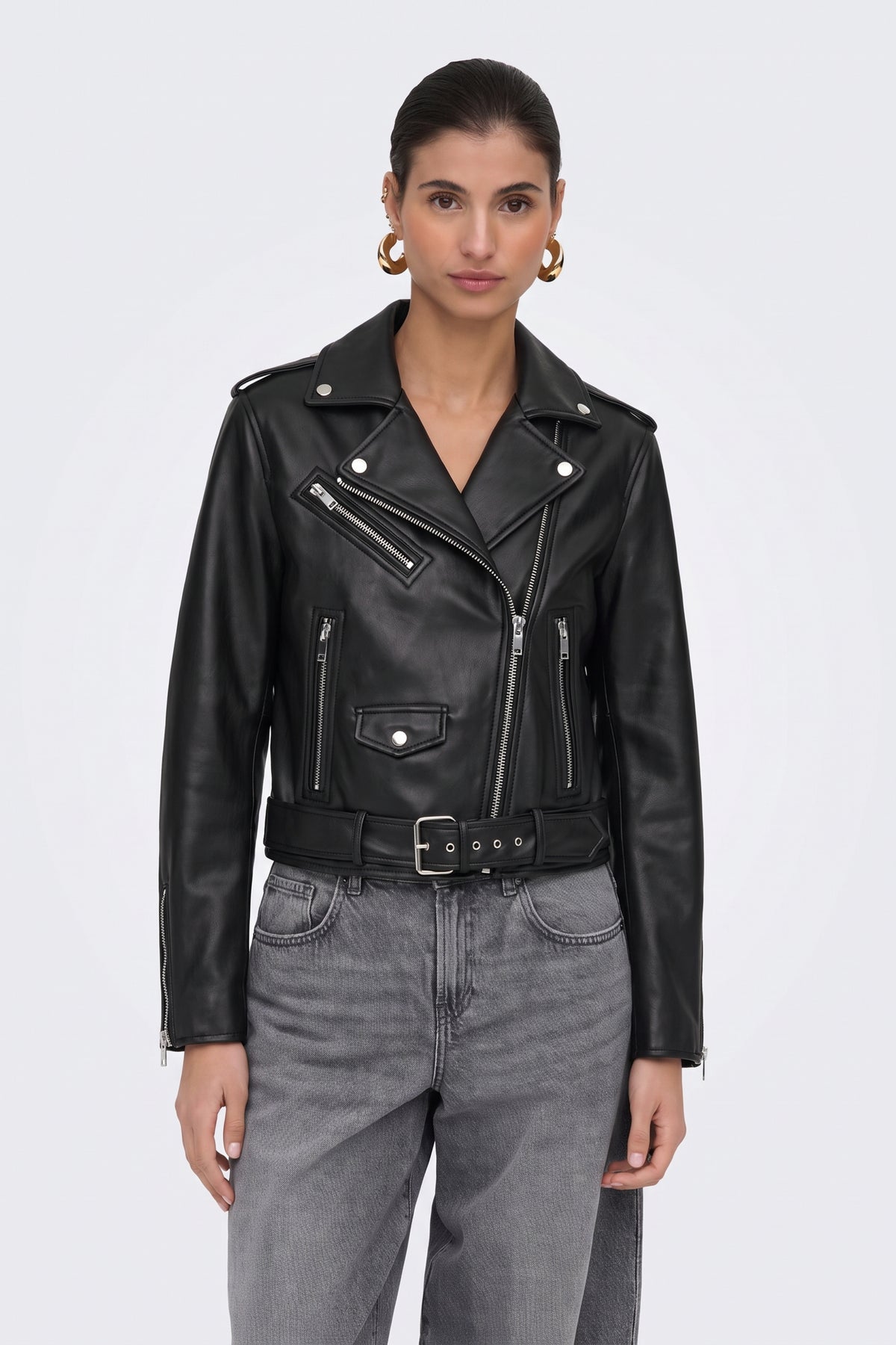 Faux Leather Jacket Black Belted Biker on model, front view
