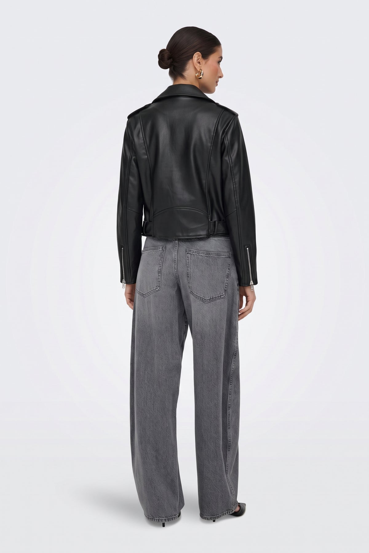 Faux Leather Jacket Black Belted Biker back view on model