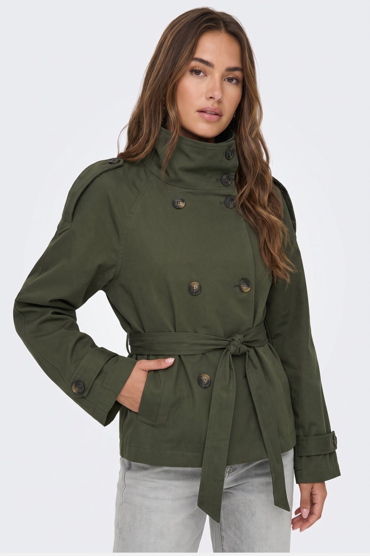 Green Trench Jacket Short Belted Women