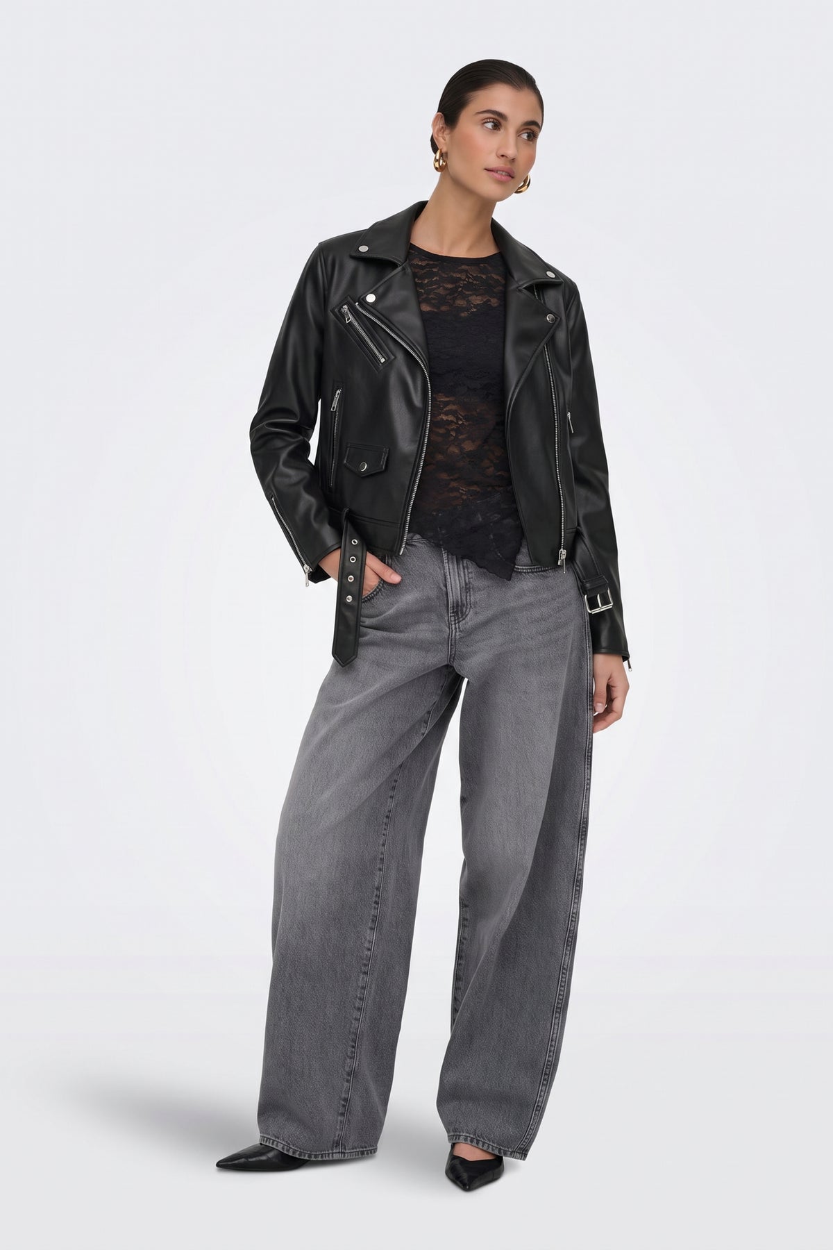 Faux Leather Jacket Black Belted Biker full length on model
