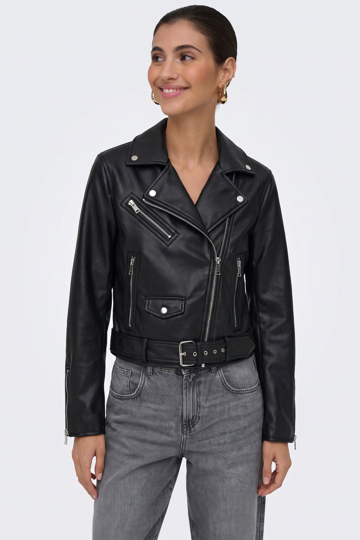 Faux Leather Jacket Black Belted Biker worn on model