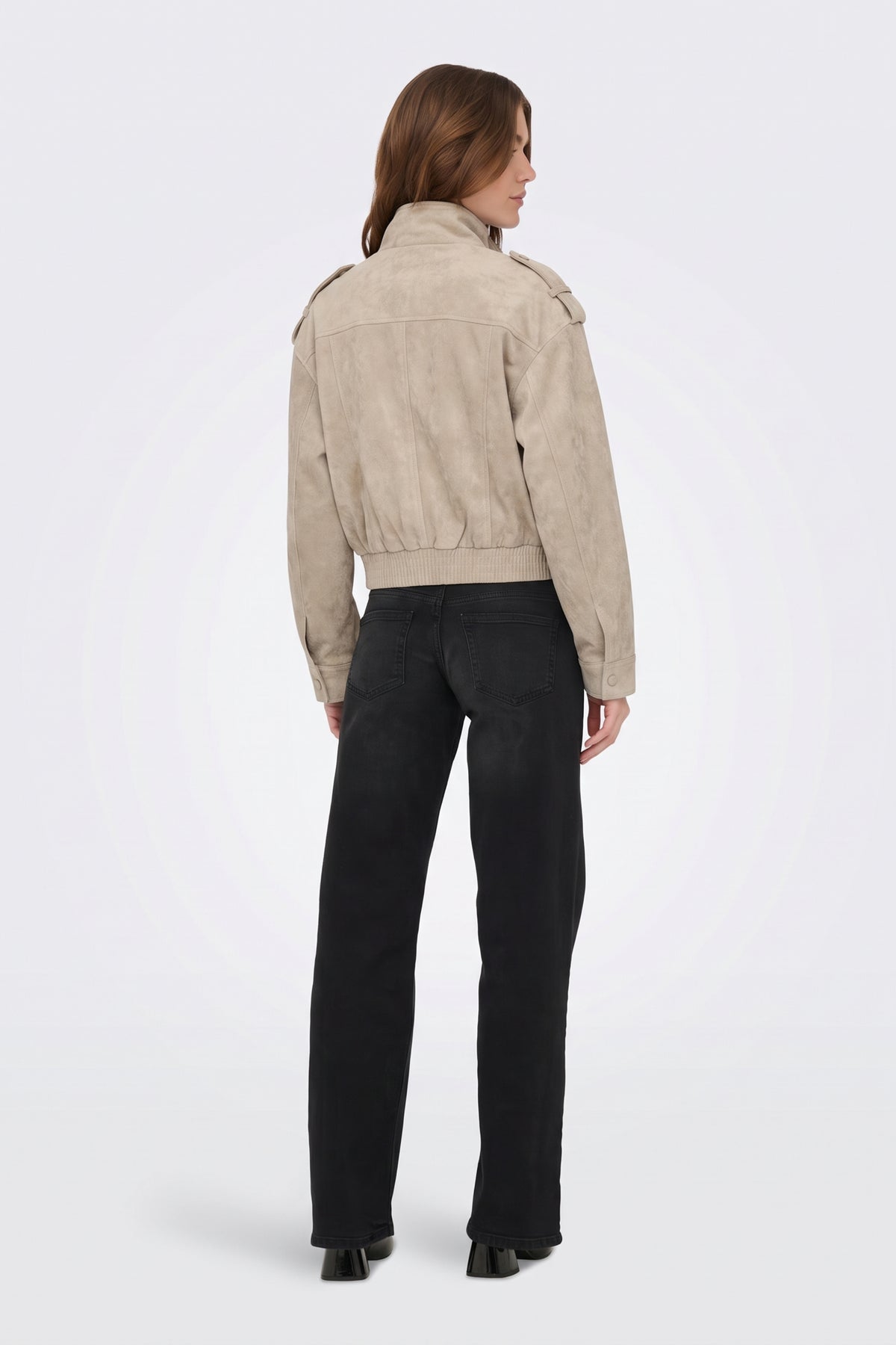 Faux Suede Jacket Beige Bomber Pocket, back