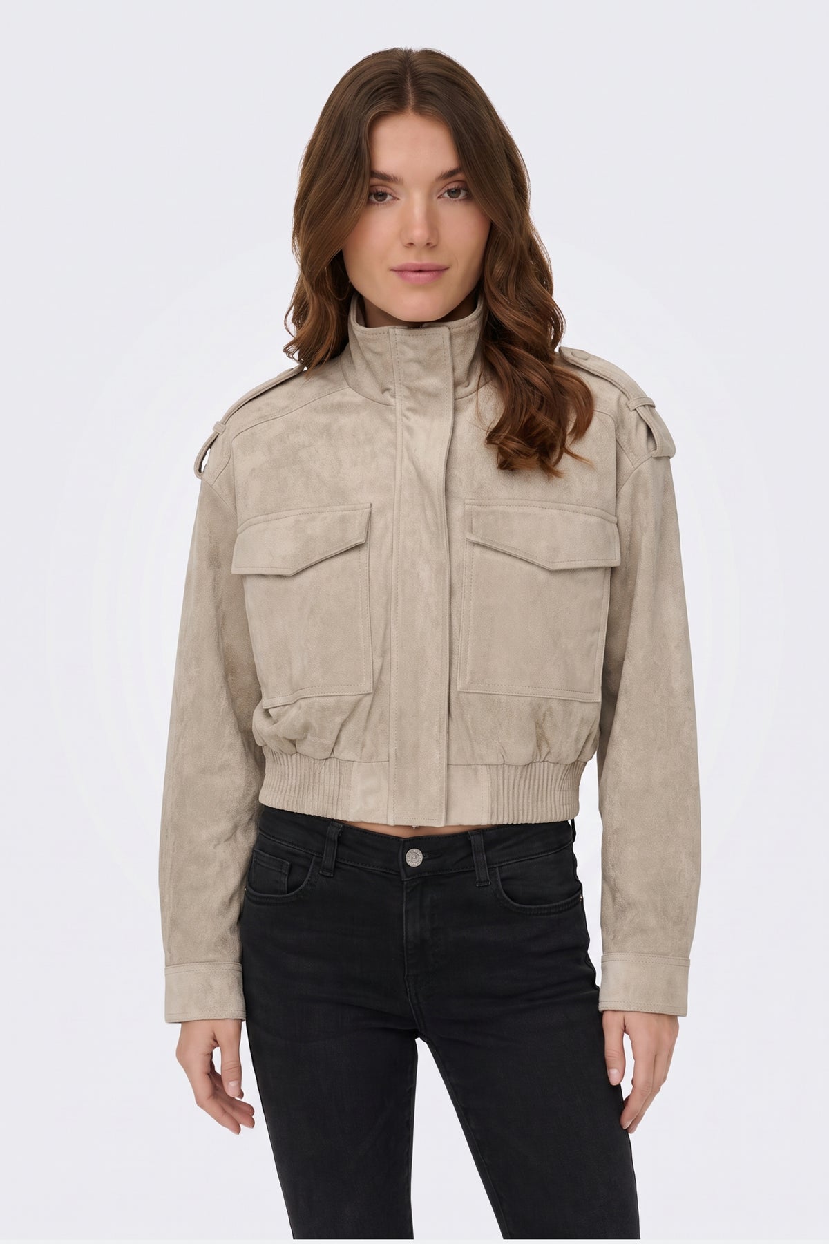 Faux Suede Jacket Beige Bomber Pocket worn on model