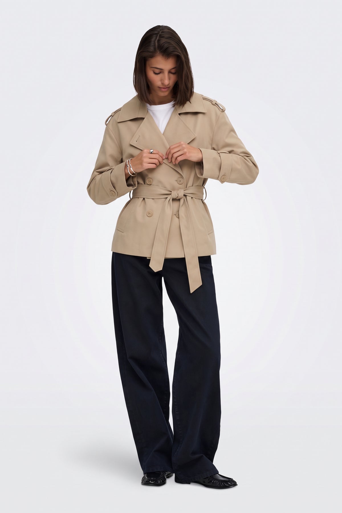 Camel short trench jacket full length on model
