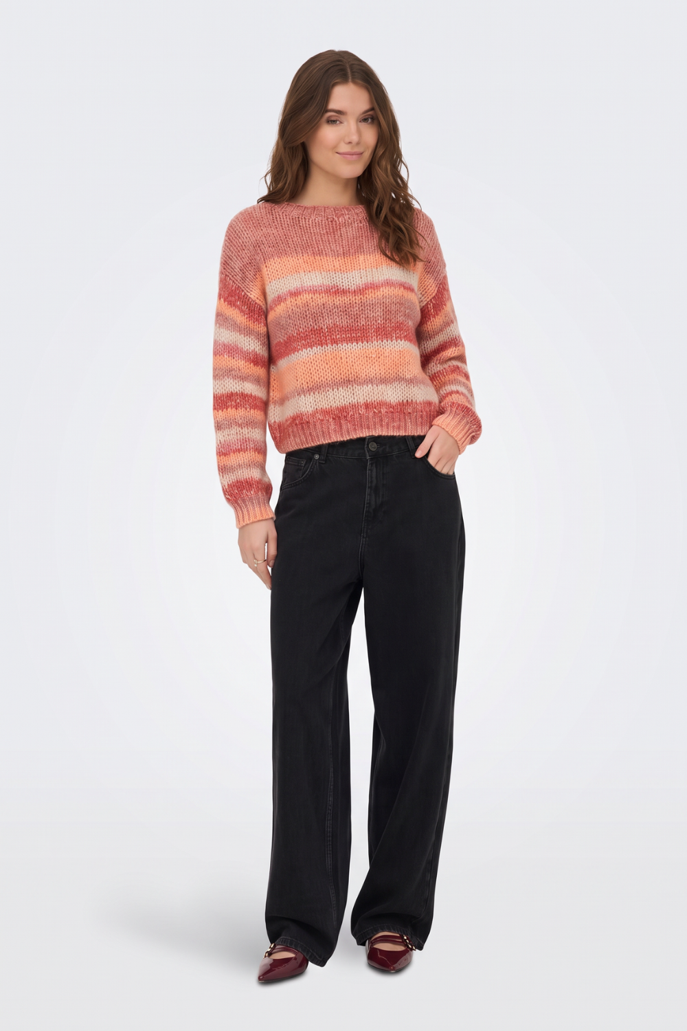 Multi stripe cropped jumper, full length on model