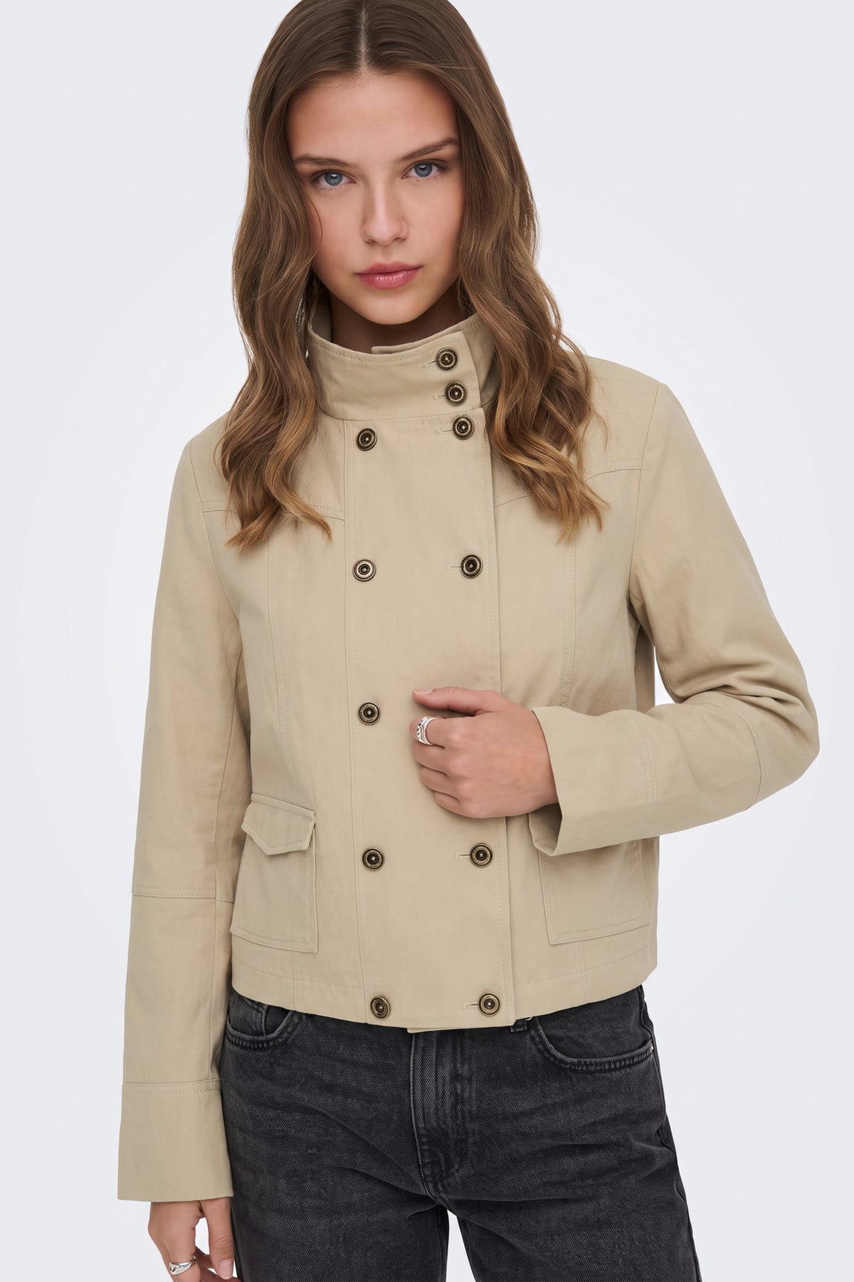 Khaki Cropped Jacket Utility Double Breasted Women