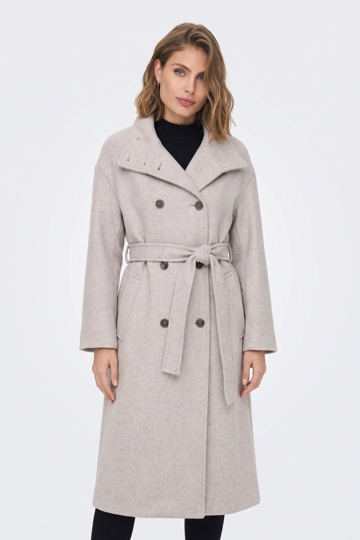 Long Grey Coat Belted Double Breasted Women