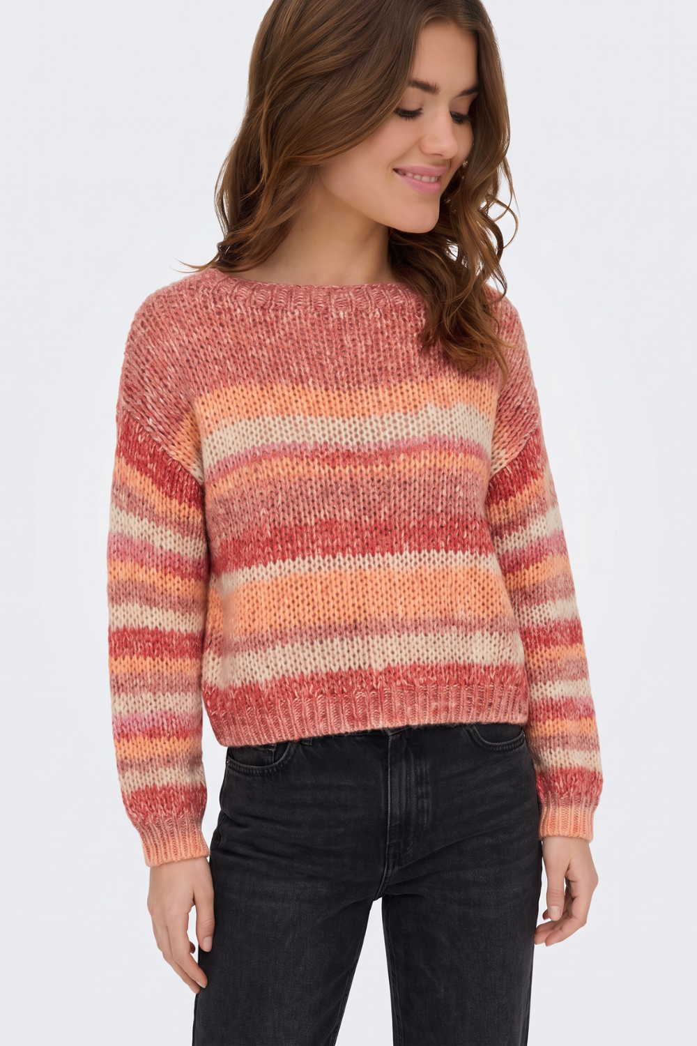 Multi stripe chunky knit jumper, side view on model