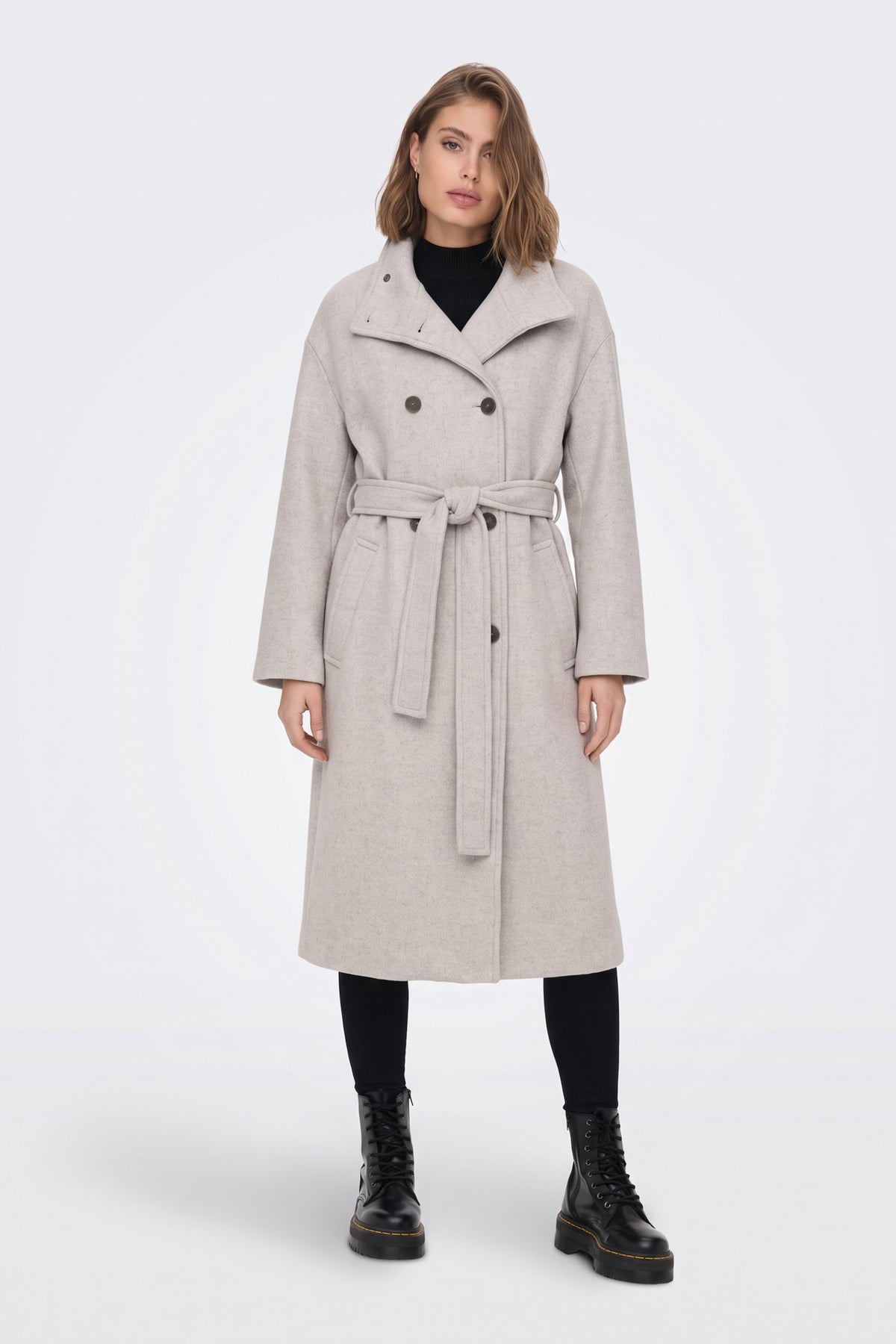 Long Grey Coat Belted Double Breasted Women
