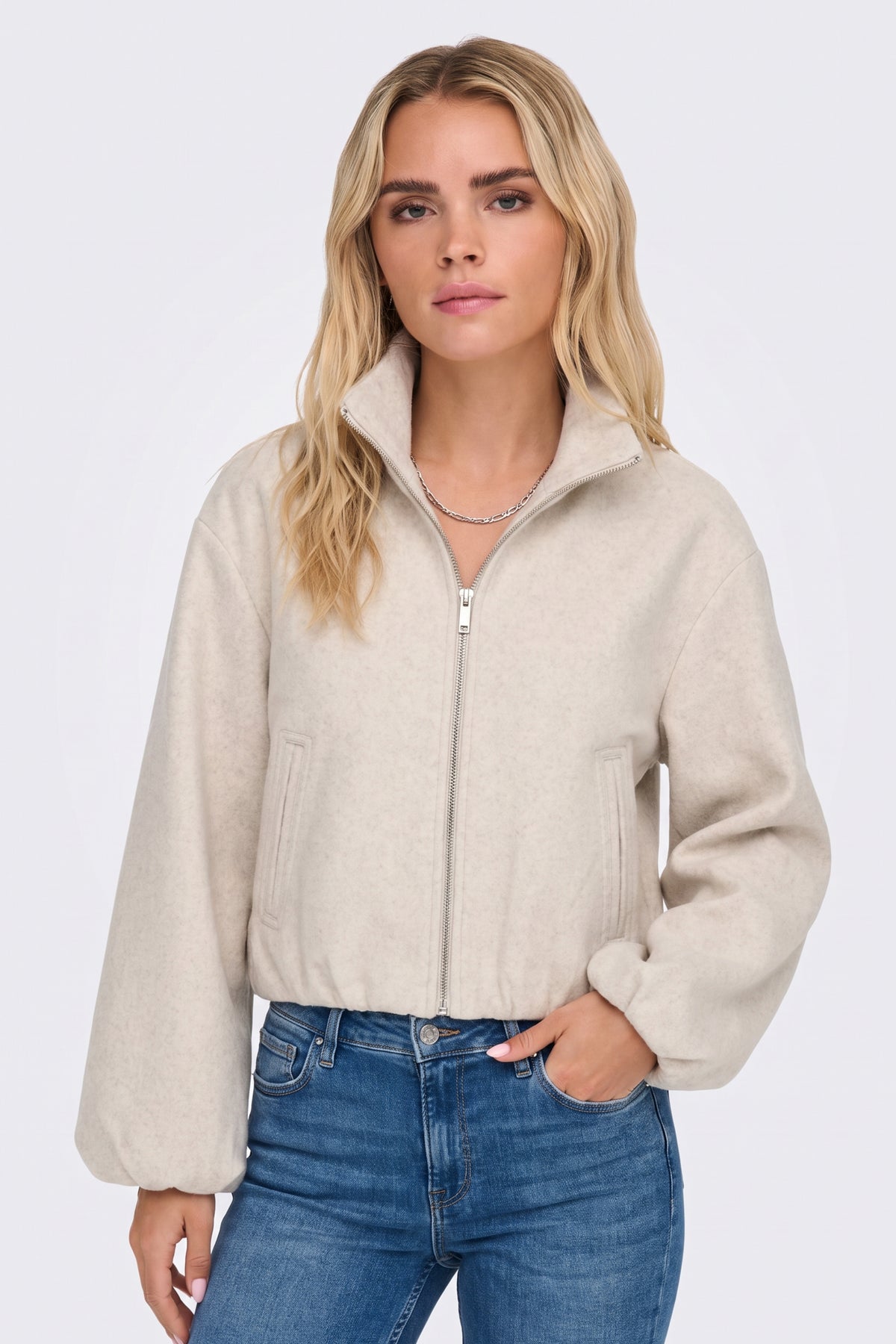 Wool Cream Bomber Jacket Funnel Neck worn on model