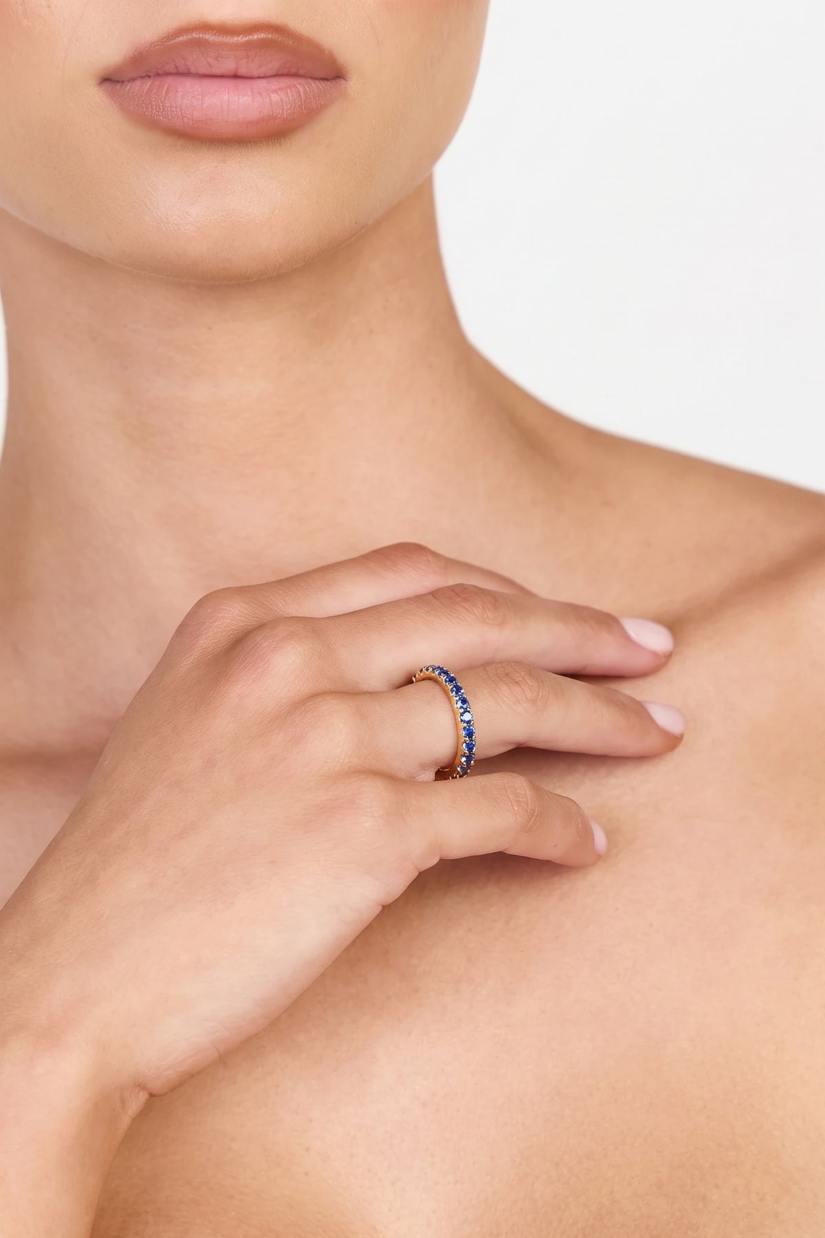 Gold Plated Ring Blue Crystal Half Eternity