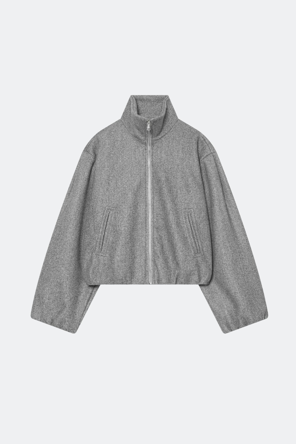 Wool Grey Bomber Jacket Funnel Neck, front
