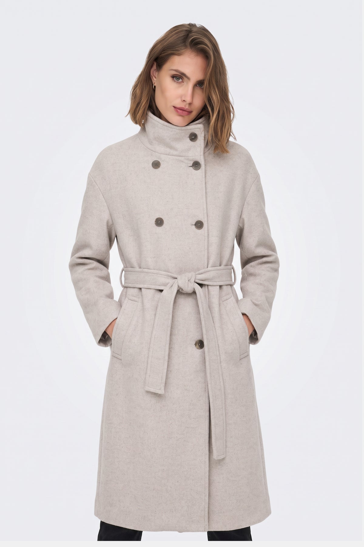 Long Grey Coat Belted Double Breasted Women