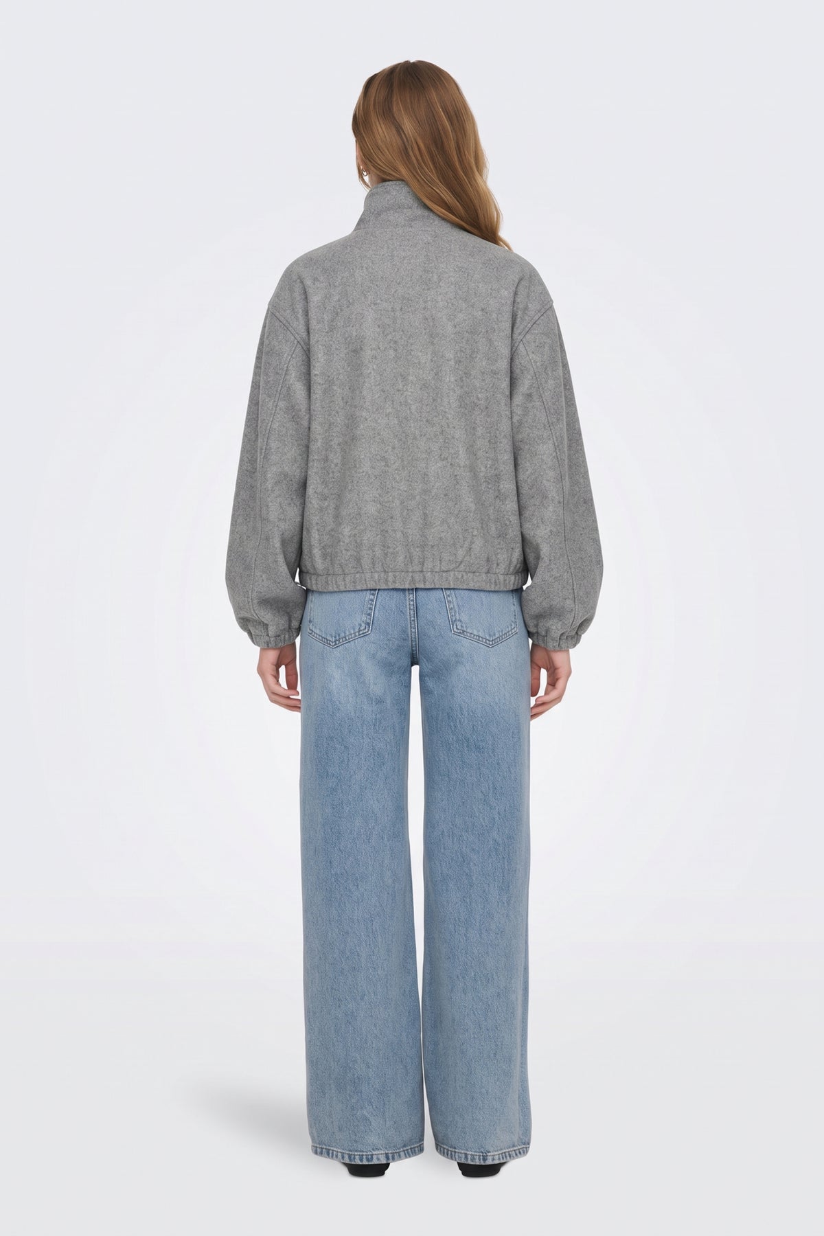 Wool Grey Bomber Jacket Funnel Neck, back